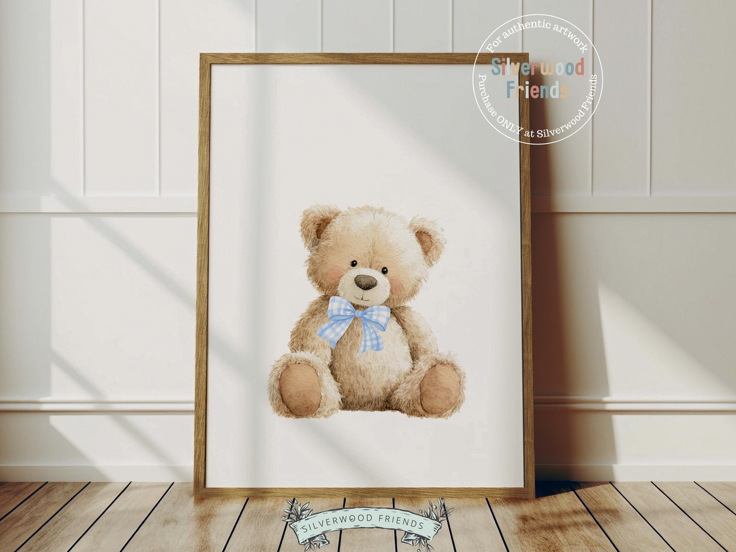 Teddy Bear Nursery Prints, Baby Boy Woodland Teddy Bear Nursery Decor, Teddy Bear Blue Bow Nursery Wall Art Digital Print