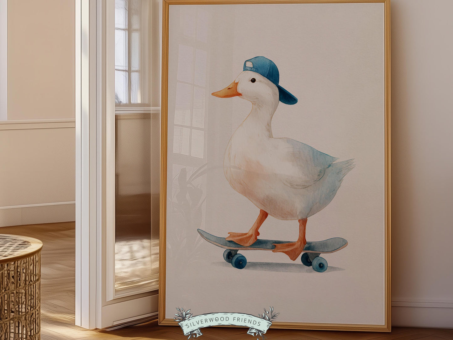 Duck Nursery Print, Farmyard Duckling Nursery Decor, Boys Sport Skateboard Nursery Wall Art, Kids Farm Animal Wall Decor Digital Print