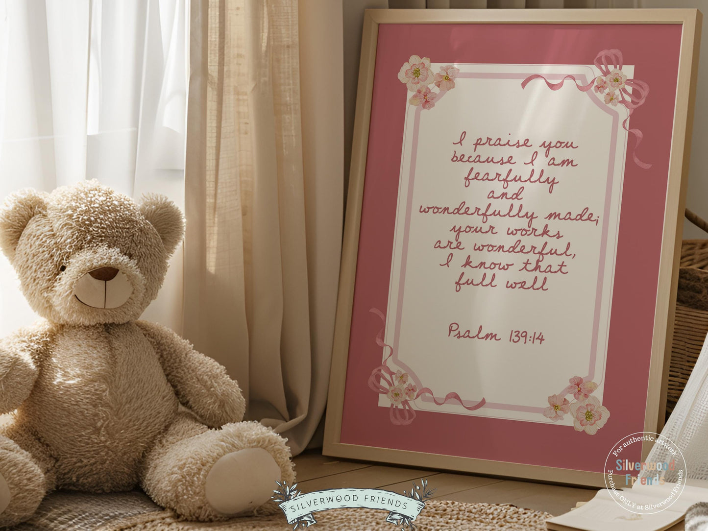 Psalm 139:14 Nursery Wall Art, Fearfully Wonderfully Made Bible Verse Print, Baby Girl Pink Floral Christian Nursery Decor Gift (DIGITAL)