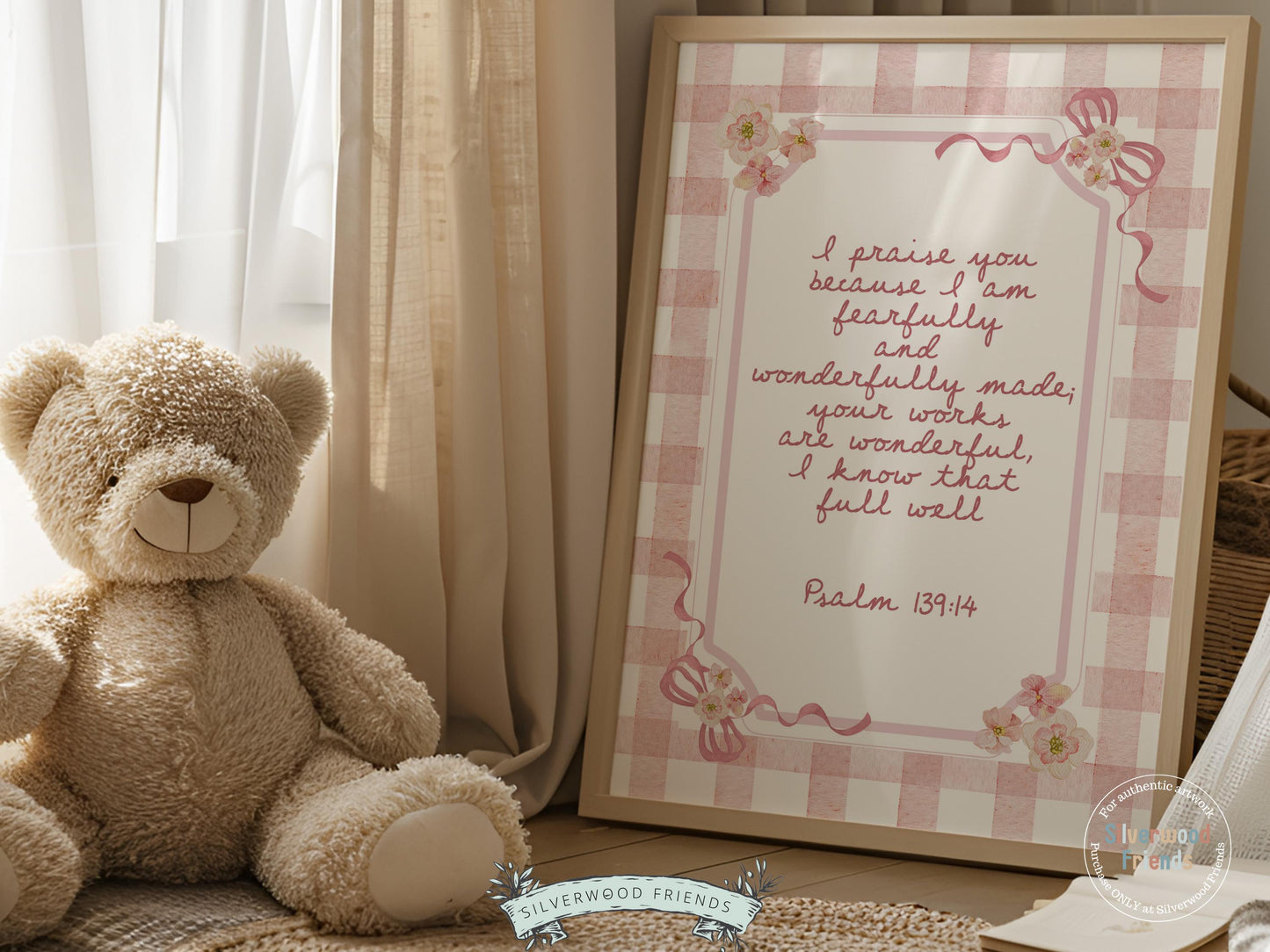 Psalm 139:14 Nursery Wall Art, Fearfully Wonderfully Made Bible Verse Print, Baby Girl Pink Check Floral Christian Nursery Decor (DIGITAL)