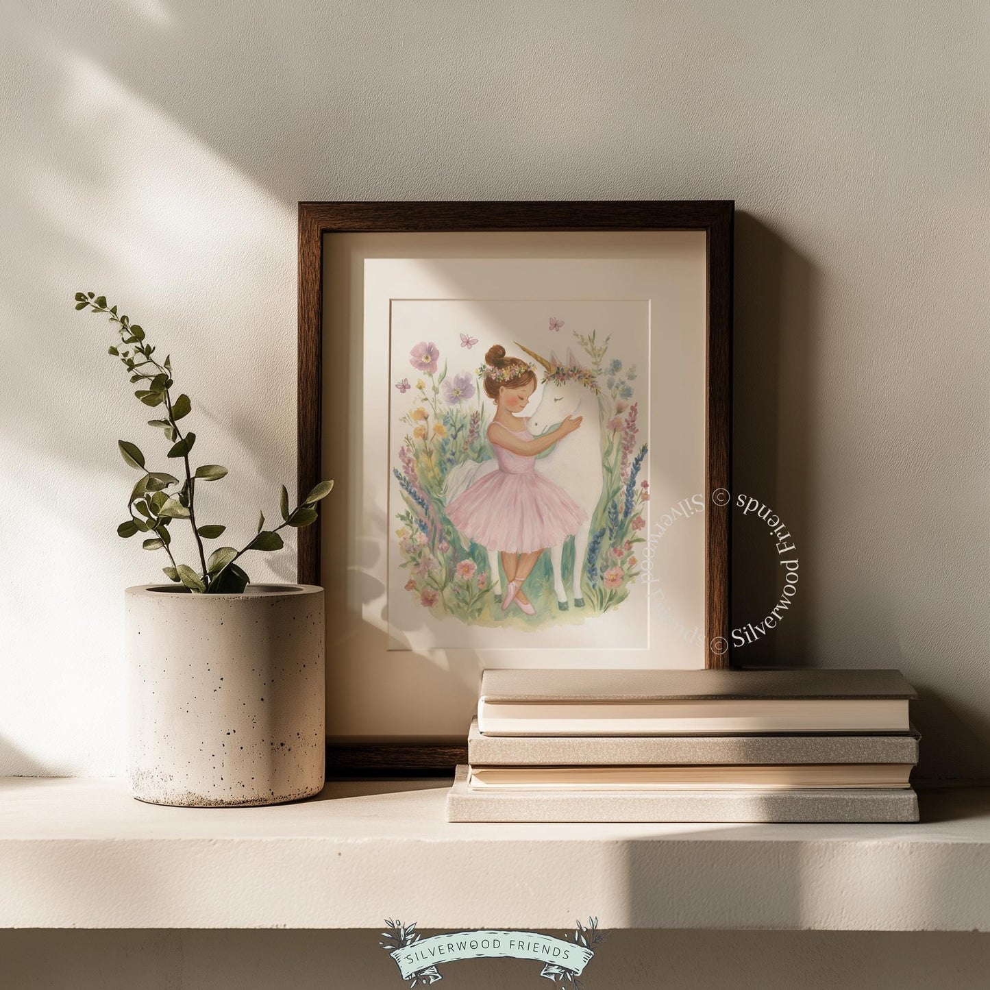 Unicorn and ballerina wall art for kids' space — gentle watercolors and floral elements creating a charming atmosphere.
