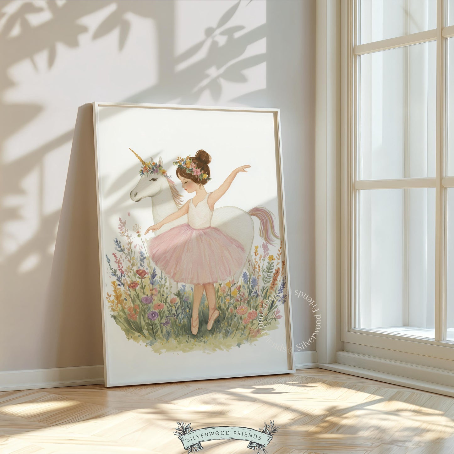 Magical unicorn with dancer digital print for nursery — gentle hues and whimsical style perfect for creating a fairytale vibe.