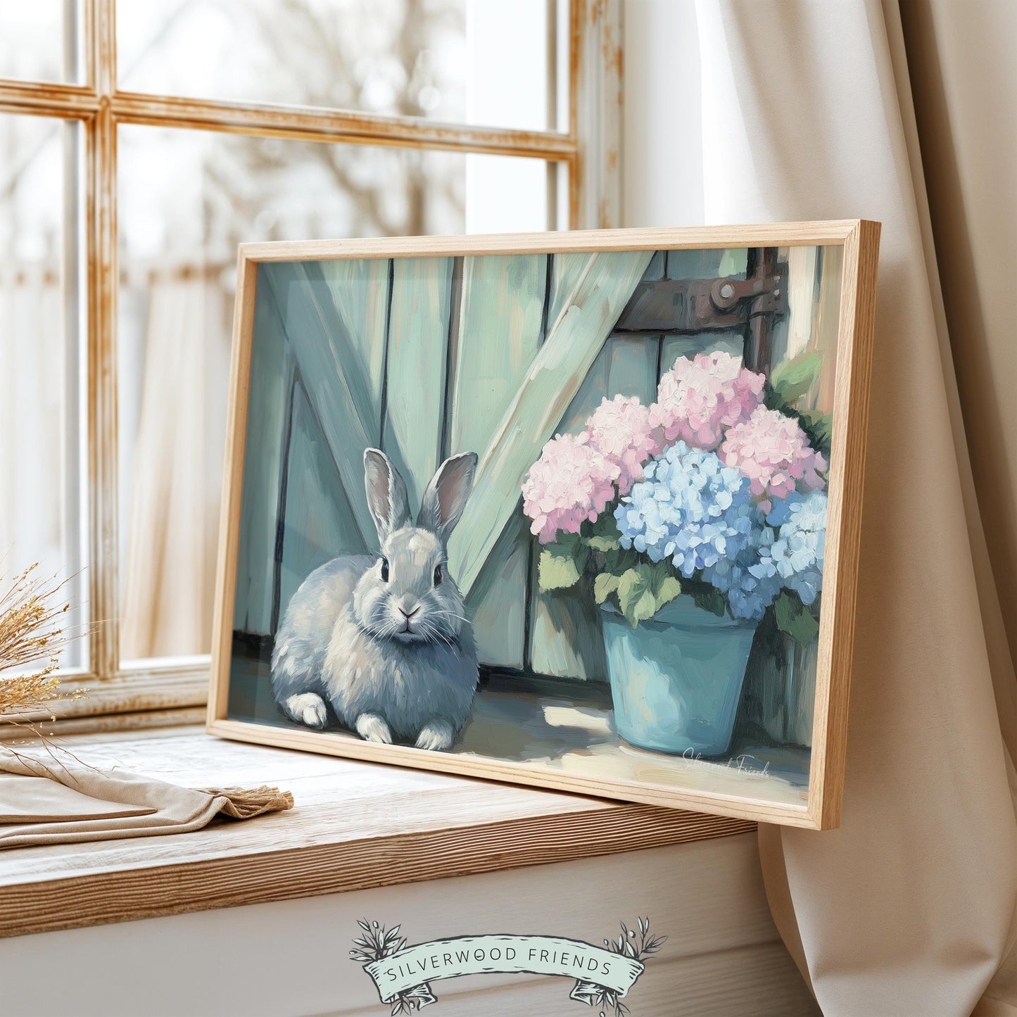 Charming gray rabbit artwork for children's playroom — combines a cozy aesthetic with delightful animal imagery in pastel tones.