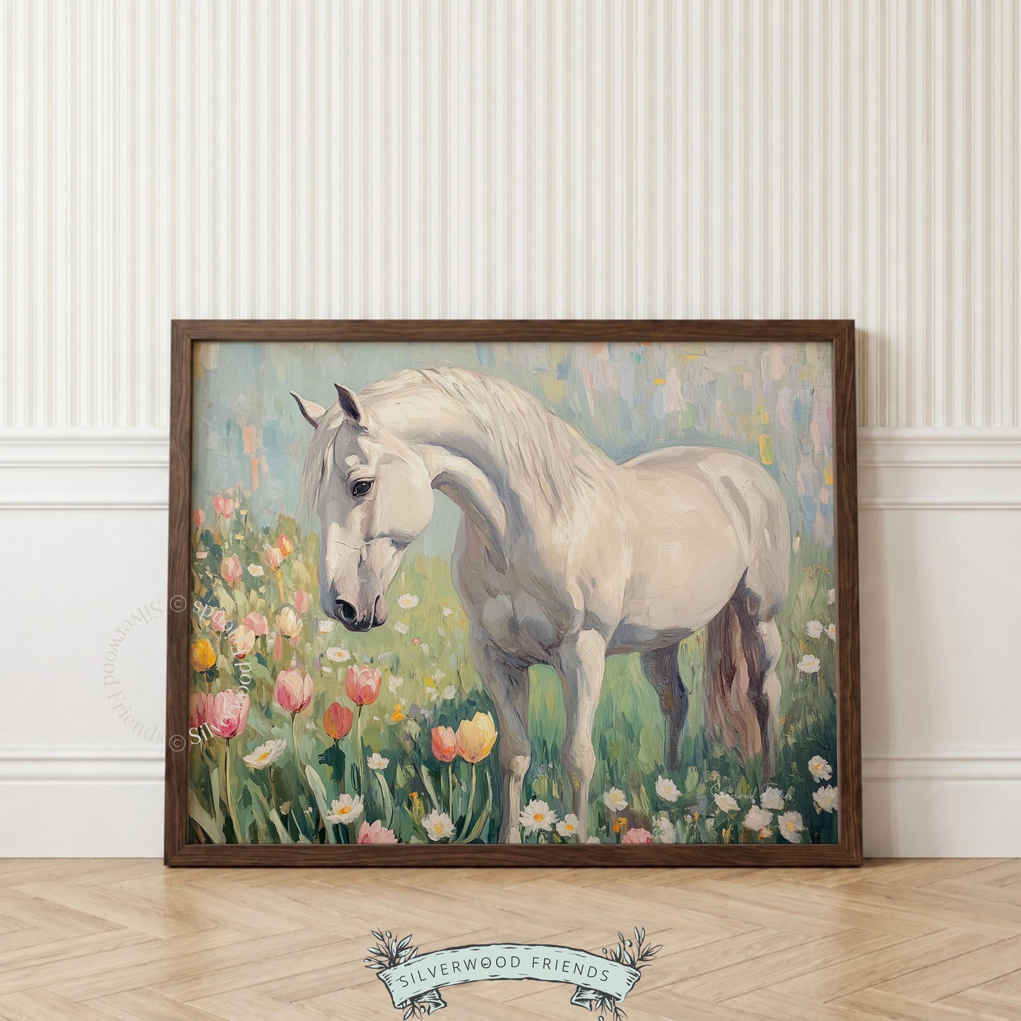 Beautiful horse picture printable art for office — tranquil artwork enhancing creativity with calming rural landscape and pastel hues.