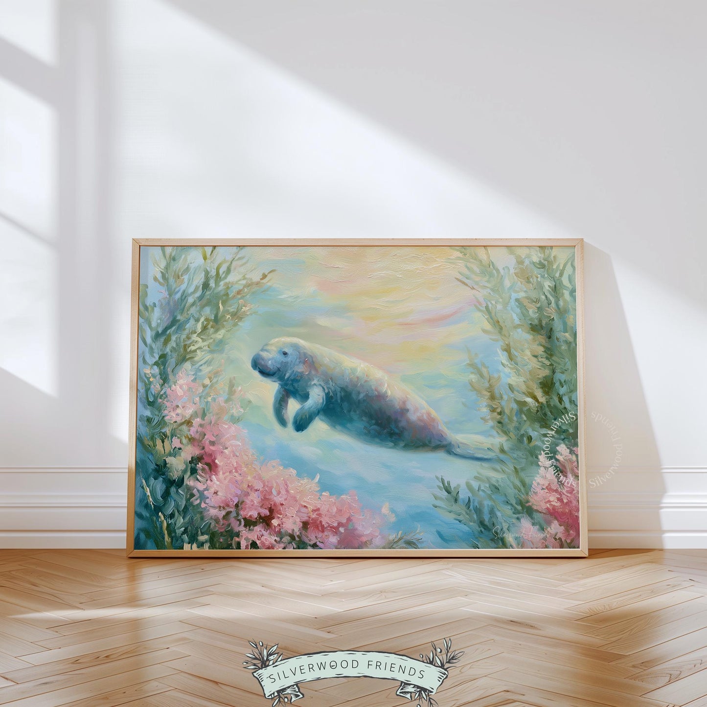 Cute manatee wall print for ocean-themed nursery — serene watercolor style captures the tranquility of underwater life.