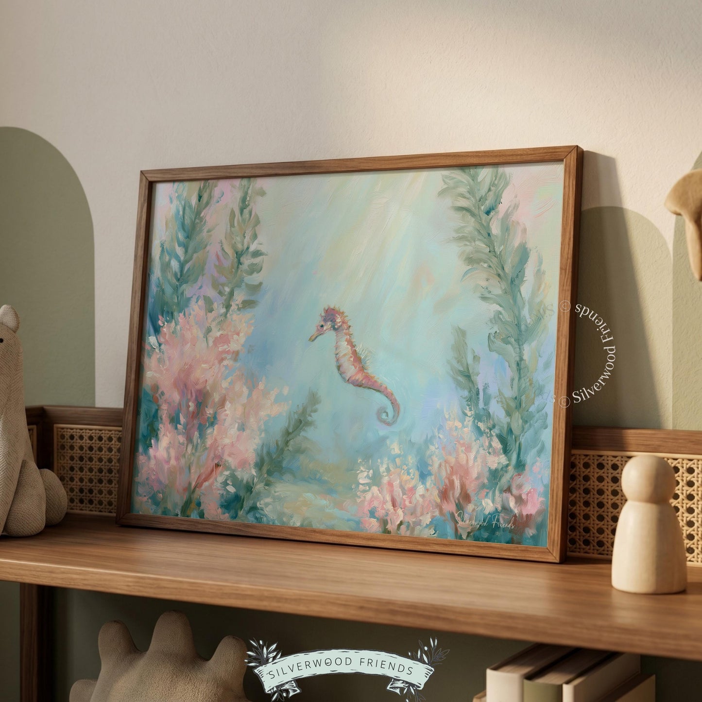 Seahorse artwork for coastal decor in playroom — watercolor textures and soft colors inspire a relaxing artistic display.
