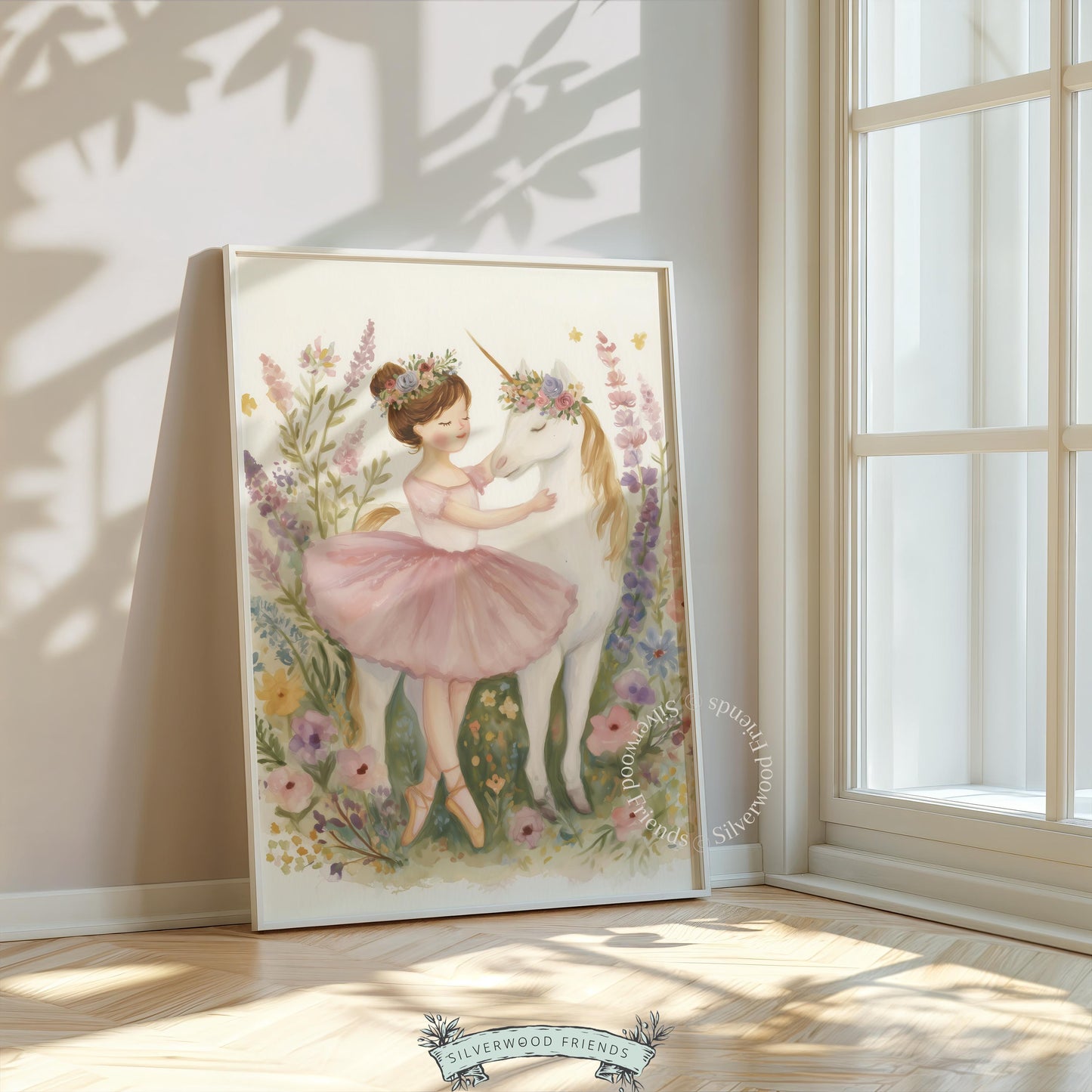 Lovely unicorn and ballerina painting for girl's bedroom — enchanting pastel watercolor scene perfect for a cozy nook.