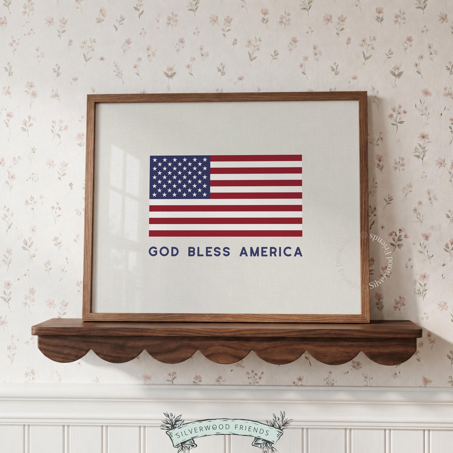 Timeless American heritage poster print — classic red, white, blue flag on natural cream background with blessing text