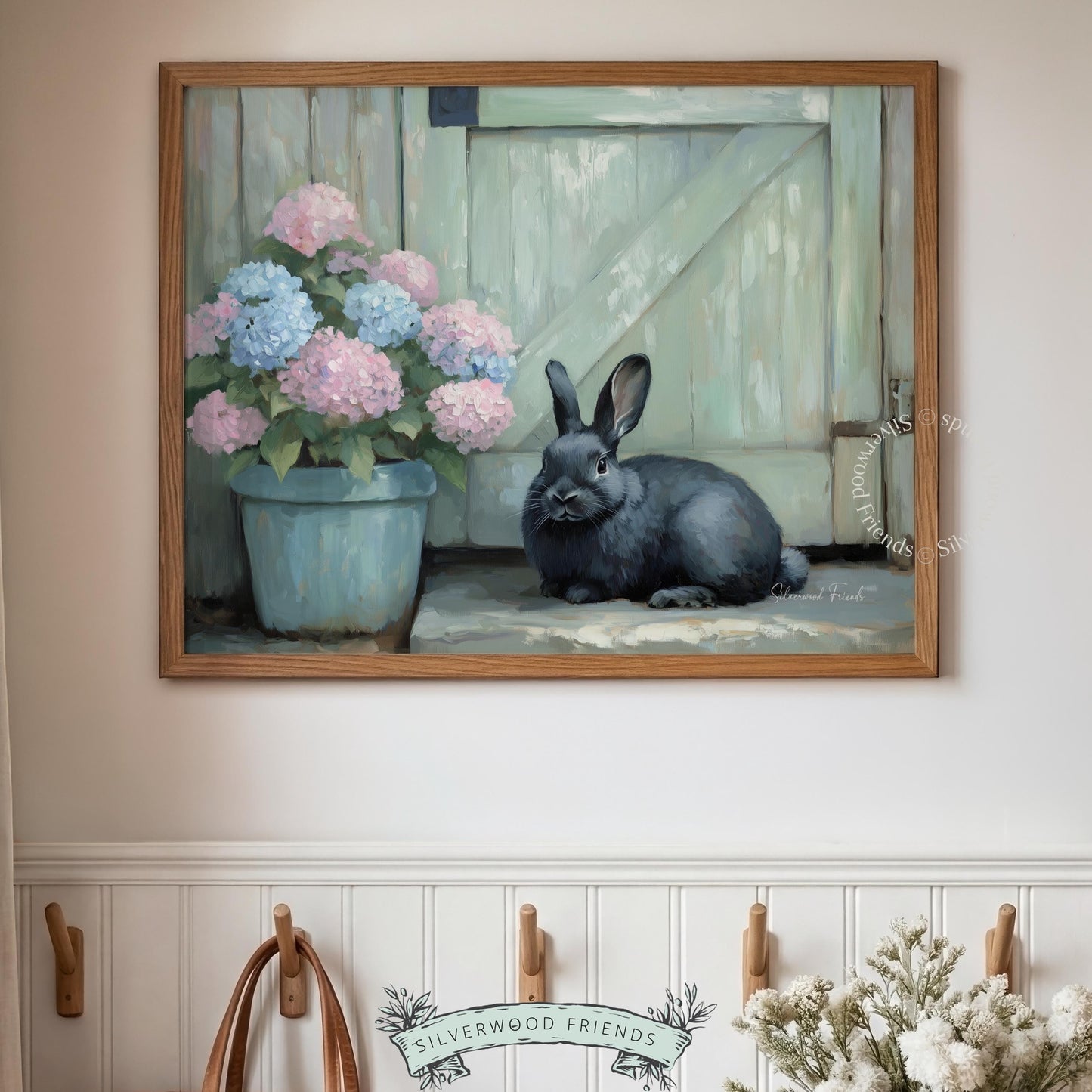 Cute gray-black rabbit wall art for baby’s nursery — cozy imagery with gentle colors promotes a warm and serene environment.
