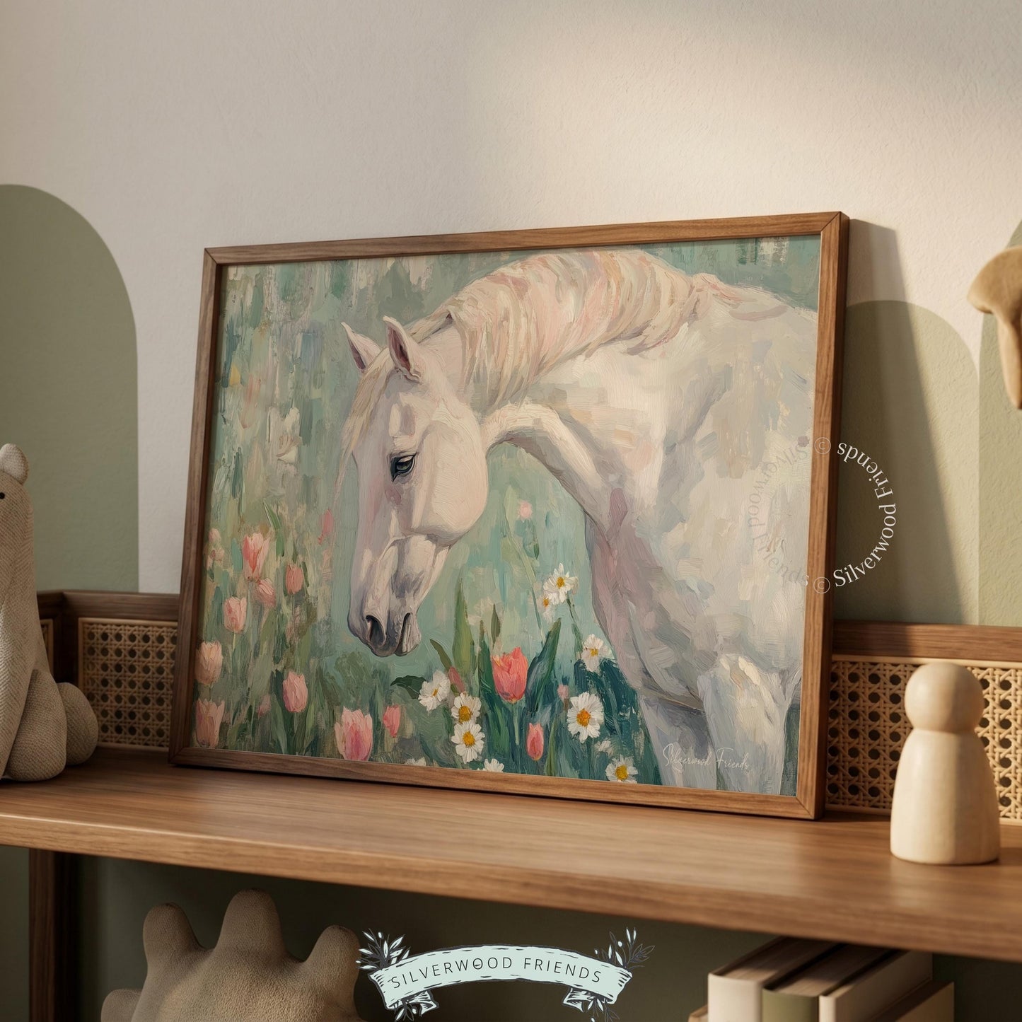 Impressionistic horse wall art for farmhouse — floral-adorned art featuring a graceful horse in calming earth tones.