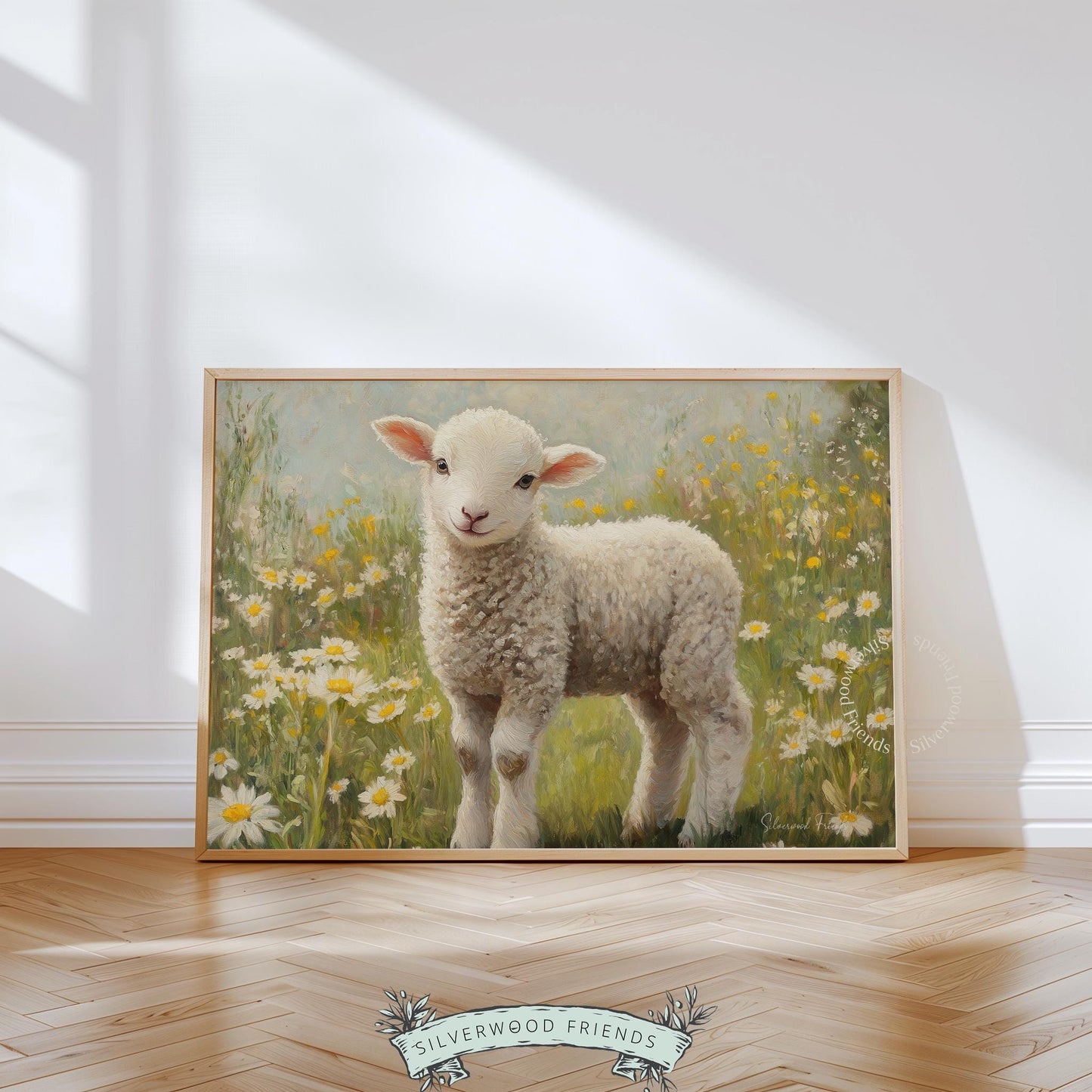 Lamb in wildflowers painting for children's art — delightful and pastoral imagery perfect for a playful and cozy room.