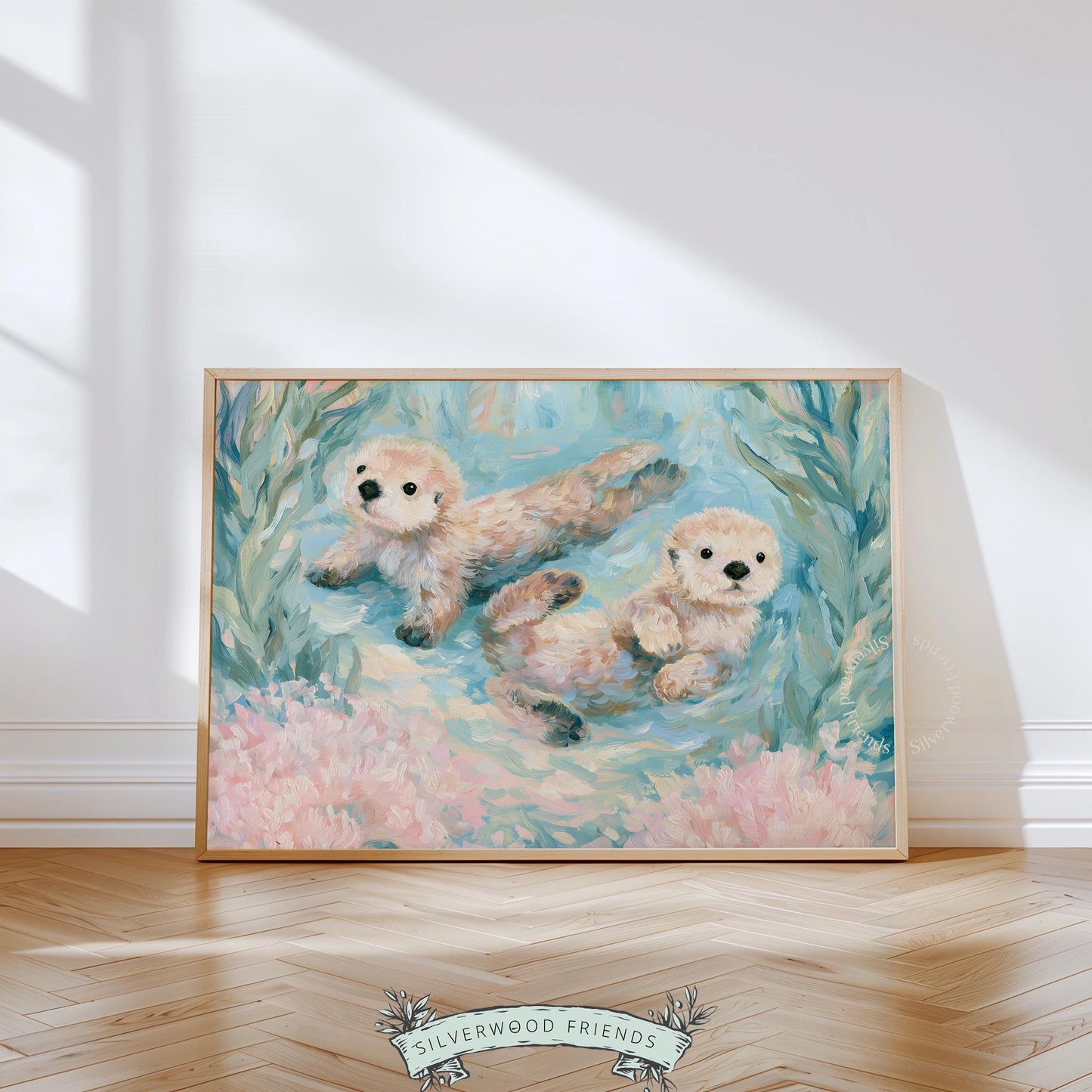 Cheerful sea otters painting for coastal-themed kids’ room — vibrant artwork that radiates a relaxed beach atmosphere and joyful spirit.