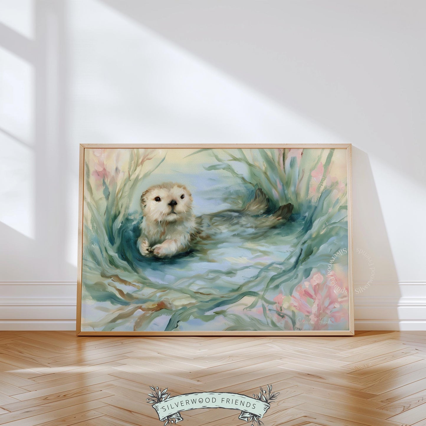 Floating otter artwork for kids’ room — serene ocean-inspired design featuring pastel shades, ideal for tranquil baby décor.