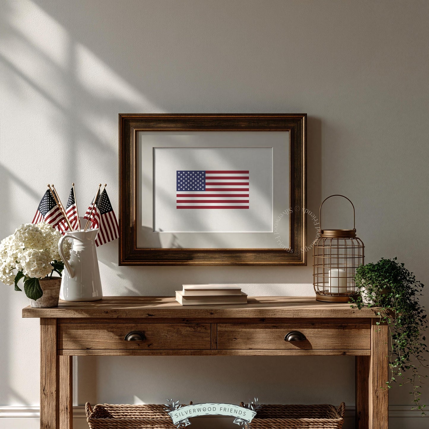 Patriotic flag digital art for cabin — minimalist stars and stripes with centered, balanced composition