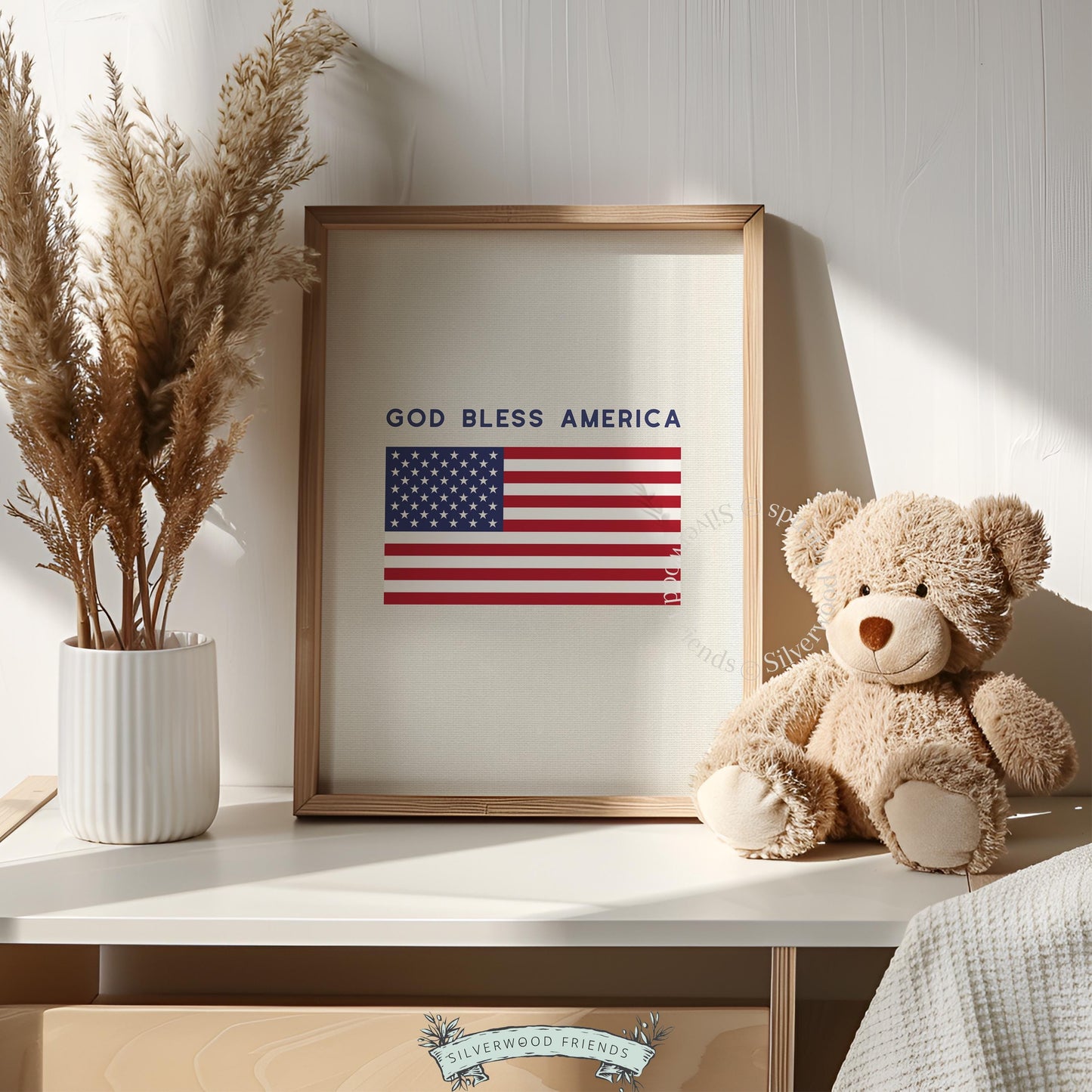 Patriotic USA flag digital art for study — flat graphic style with "God Bless America" text on warm neutral base