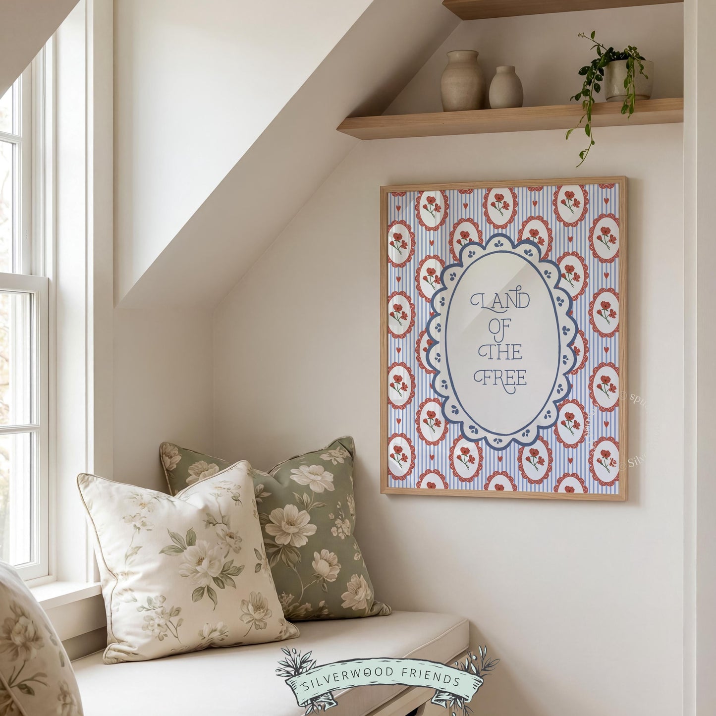Hand-illustrated patriotic wall décor printable art with ornate red carnation cameos and navy dot details throughout