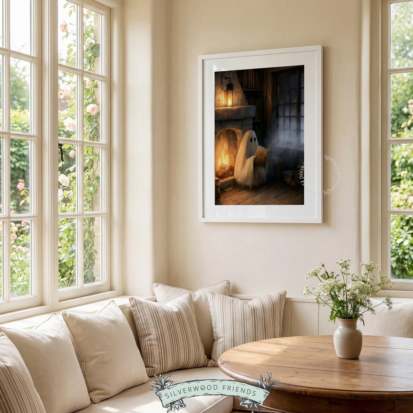 Whimsical phantom artwork for bedroom — spooky autumn printable with warm glowing fireplace