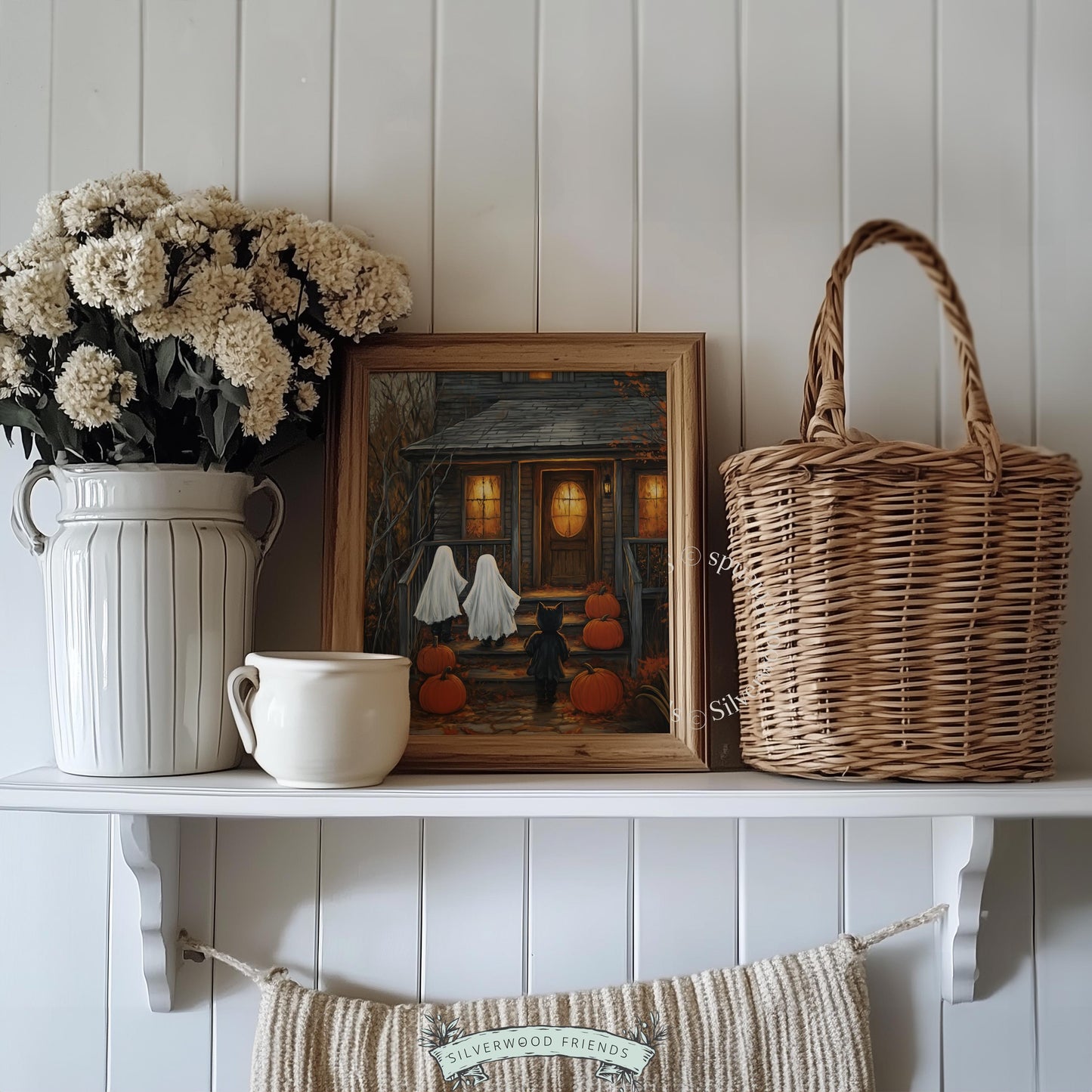 Eerie Victorian house with candy seekers wall art for nursery — warm spooky decor with textured vintage style and pumpkin accents