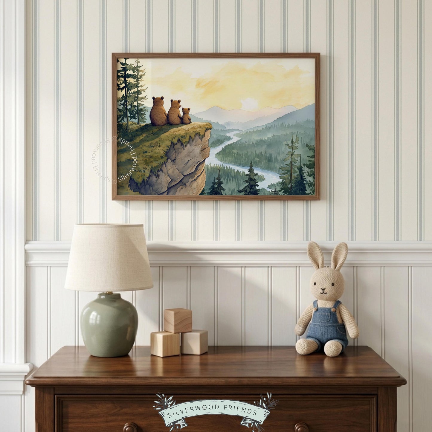 Mountain wildlife picture for nursery wall art — serene watercolor with bears overlooking scenic river gorge
