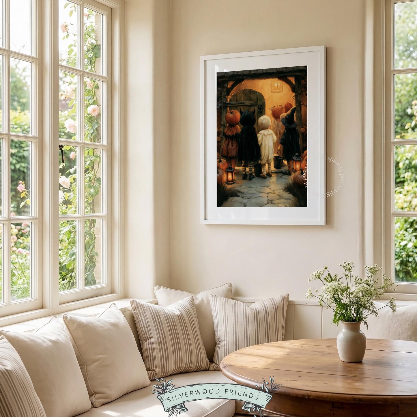 Halloween costume parade digital print for living room — antique storybook illustration style with pumpkin lanterns