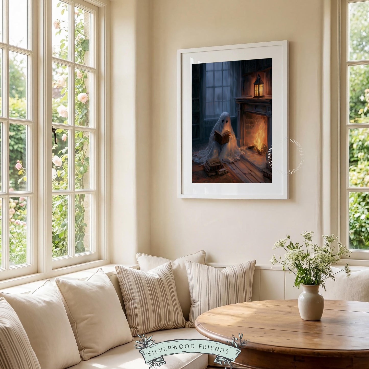 Ghost holding book digital print for den — dark academia inspired with stack of books and firelight warmth