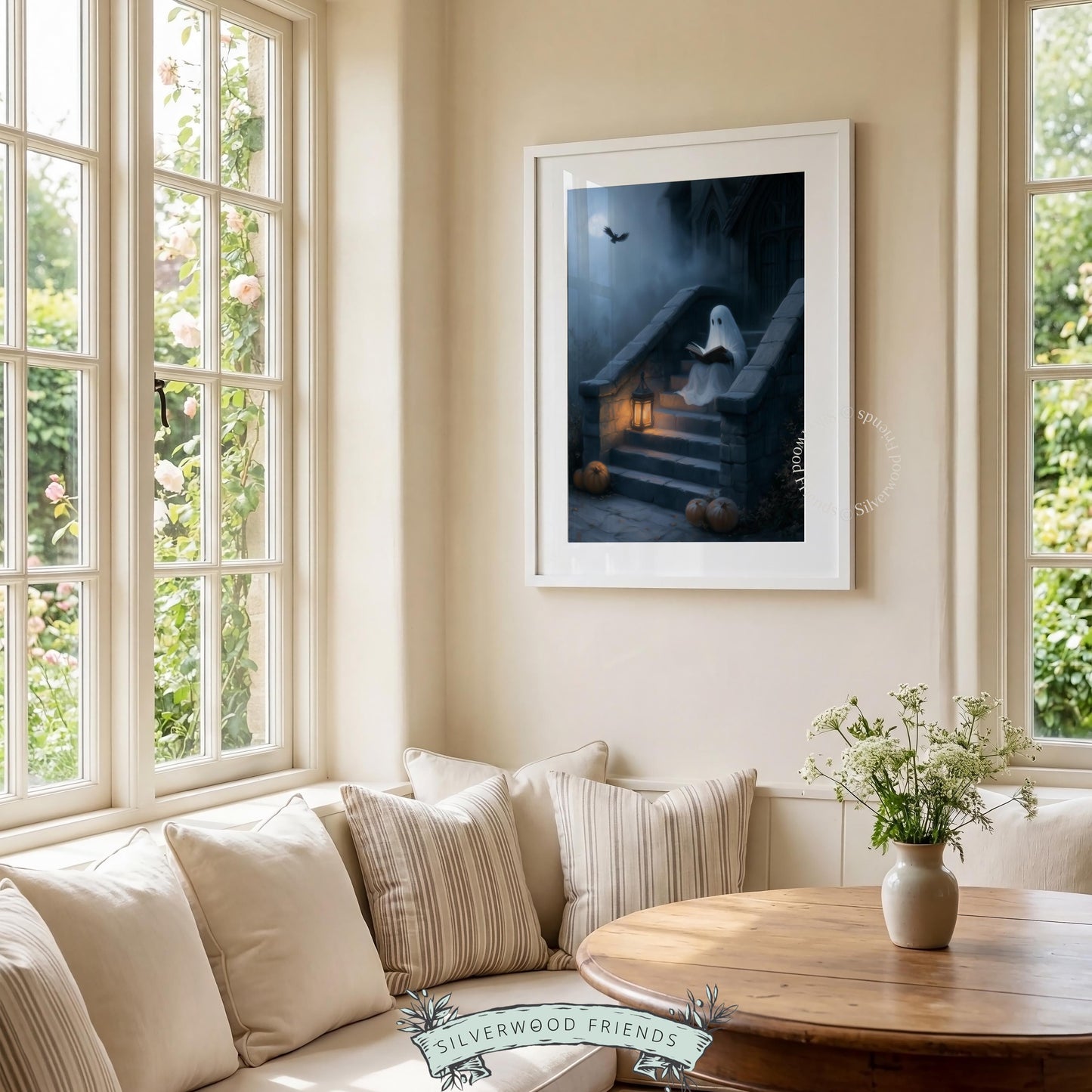 Cute phantom sitting steps wall art for home — cozy spooky season print with scattered pumpkins