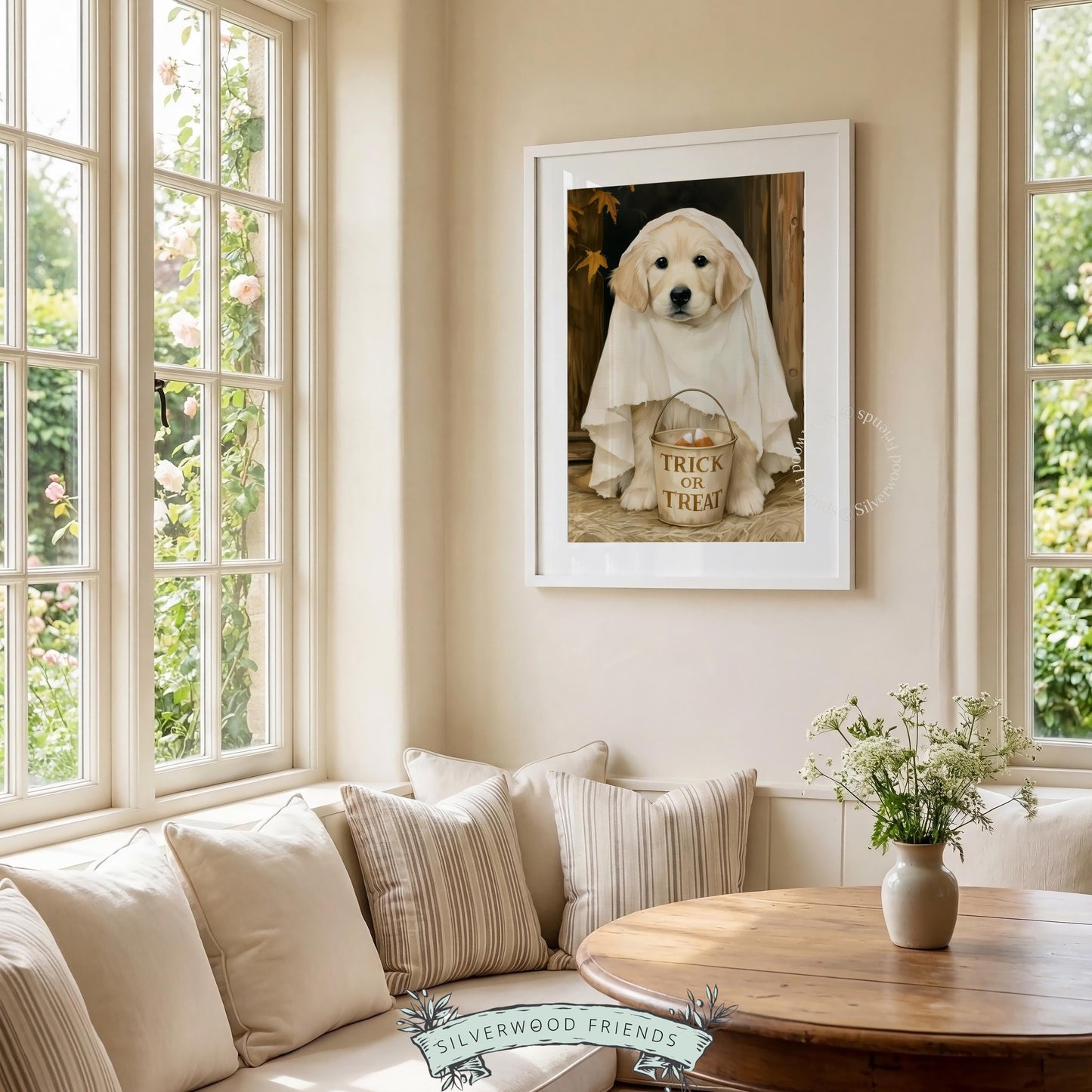 Ghost-costumed retriever picture instant download — cozy seasonal wall art with rustic cottage feel