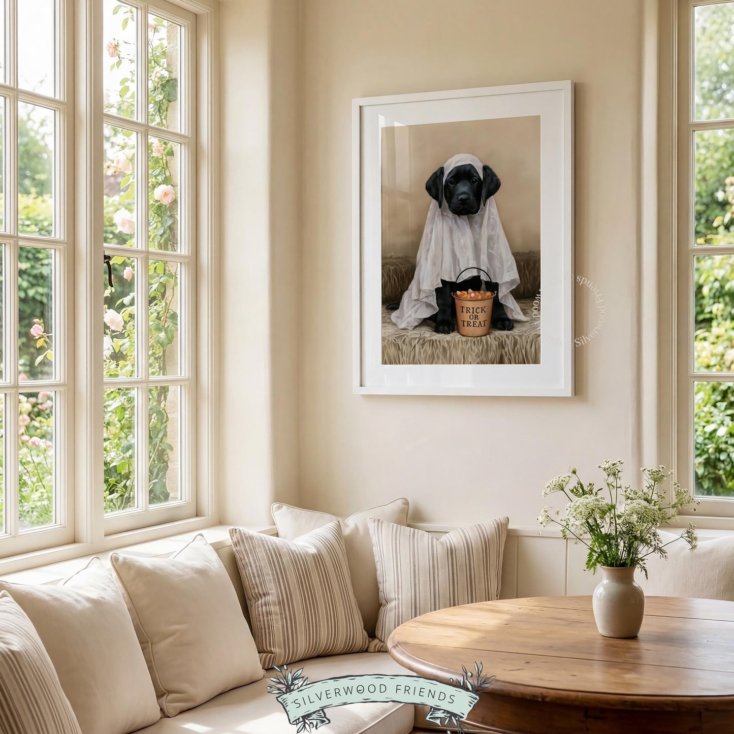 Friendly ghost dog wall print for playroom — whimsical Lab portrait in classic Halloween costume