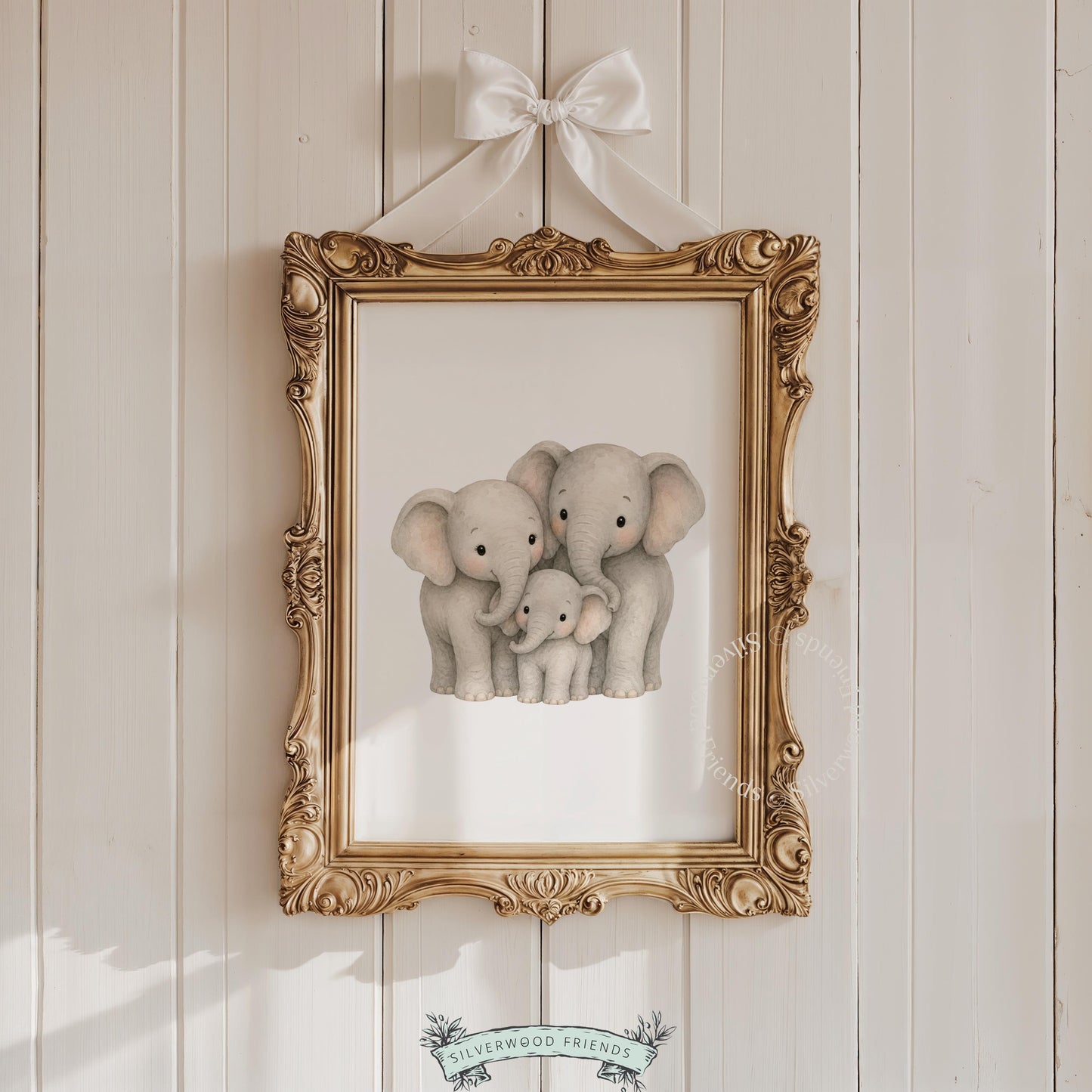 Baby elephant and parents digital print for kid's room — chubby, cuddly design in neutral watercolor tones
