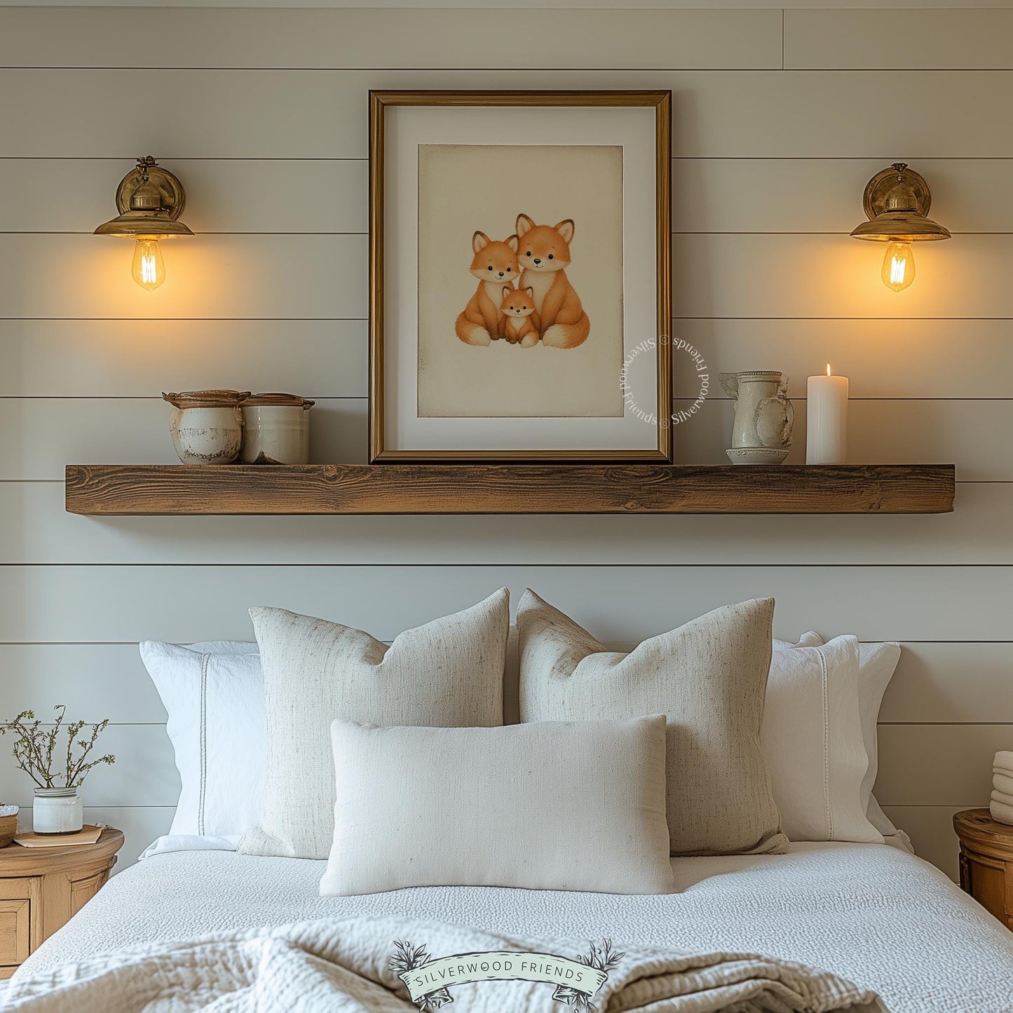 Sweet fox kit and parents picture for playroom — warm-toned watercolor illustration with soft, gentle mood