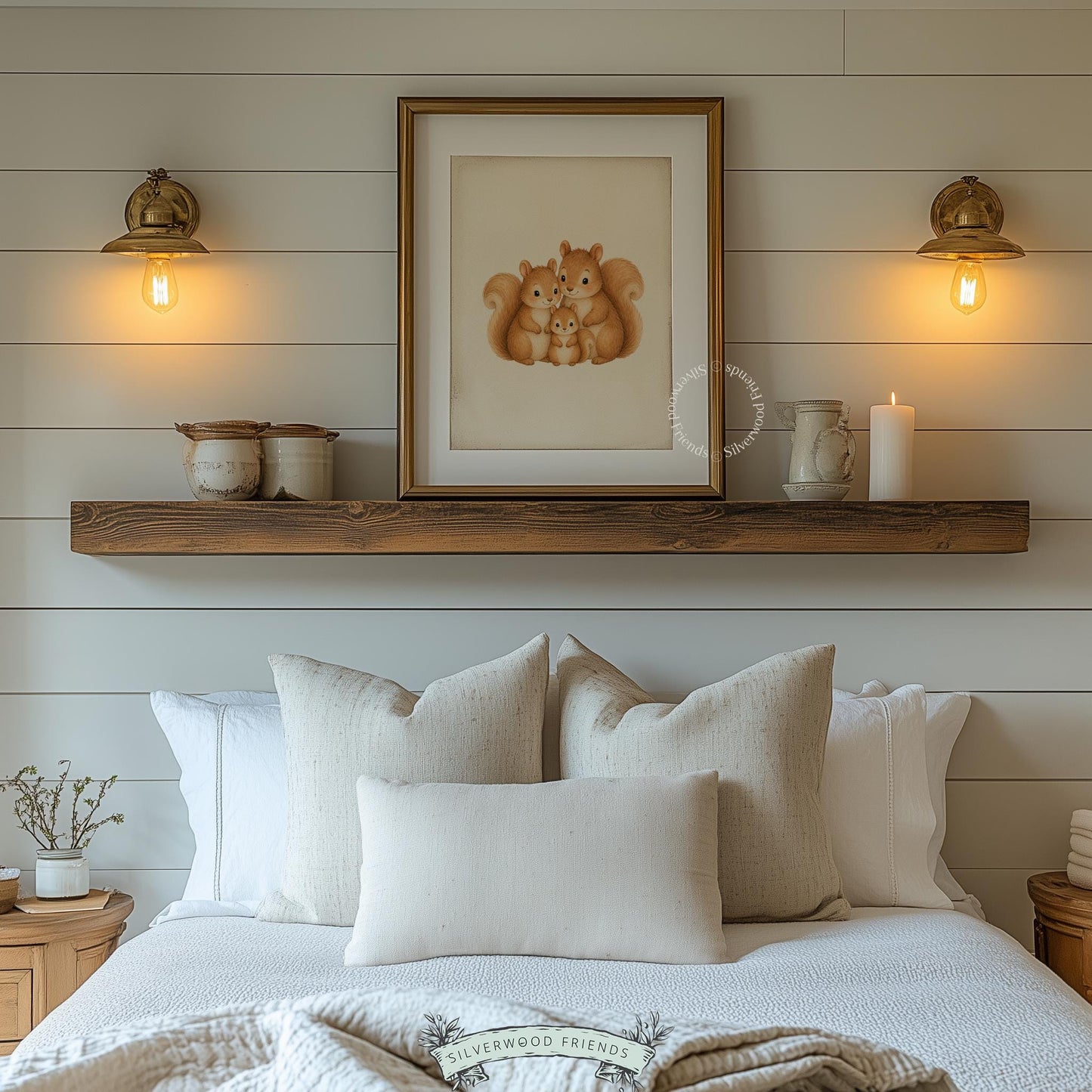 Cute forest creature artwork for baby room — tender squirrel grouping in soft brown watercolor