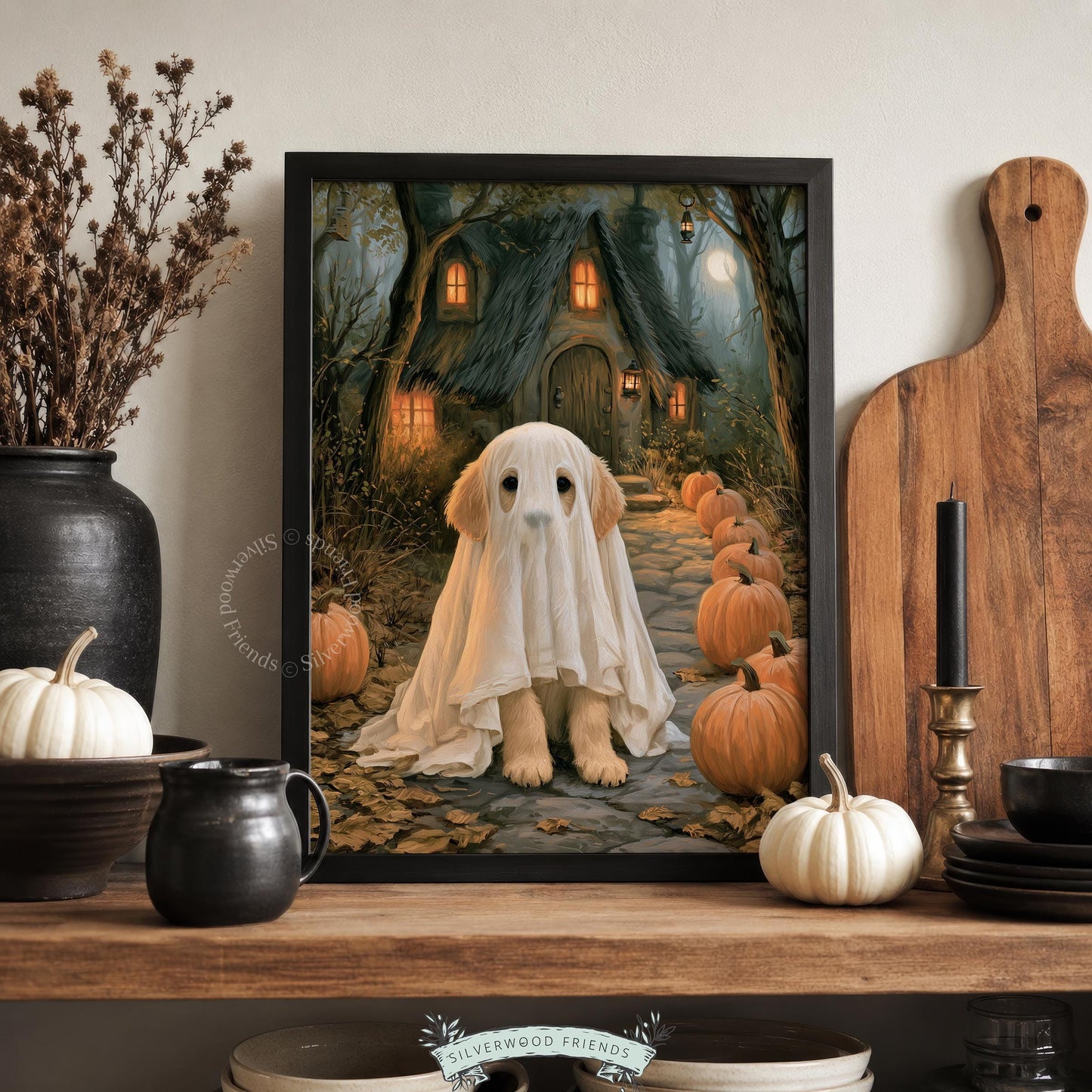 Dog in sheet ghost costume picture for autumn decor — atmospheric printable art with full moon and bare branches