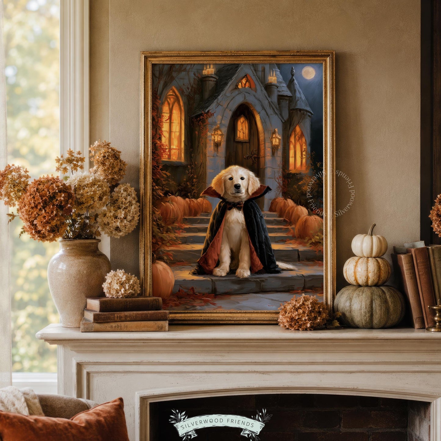 Puppy vampire cape portrait wall art for living room — witchy cozy Halloween painting with candlelit glow