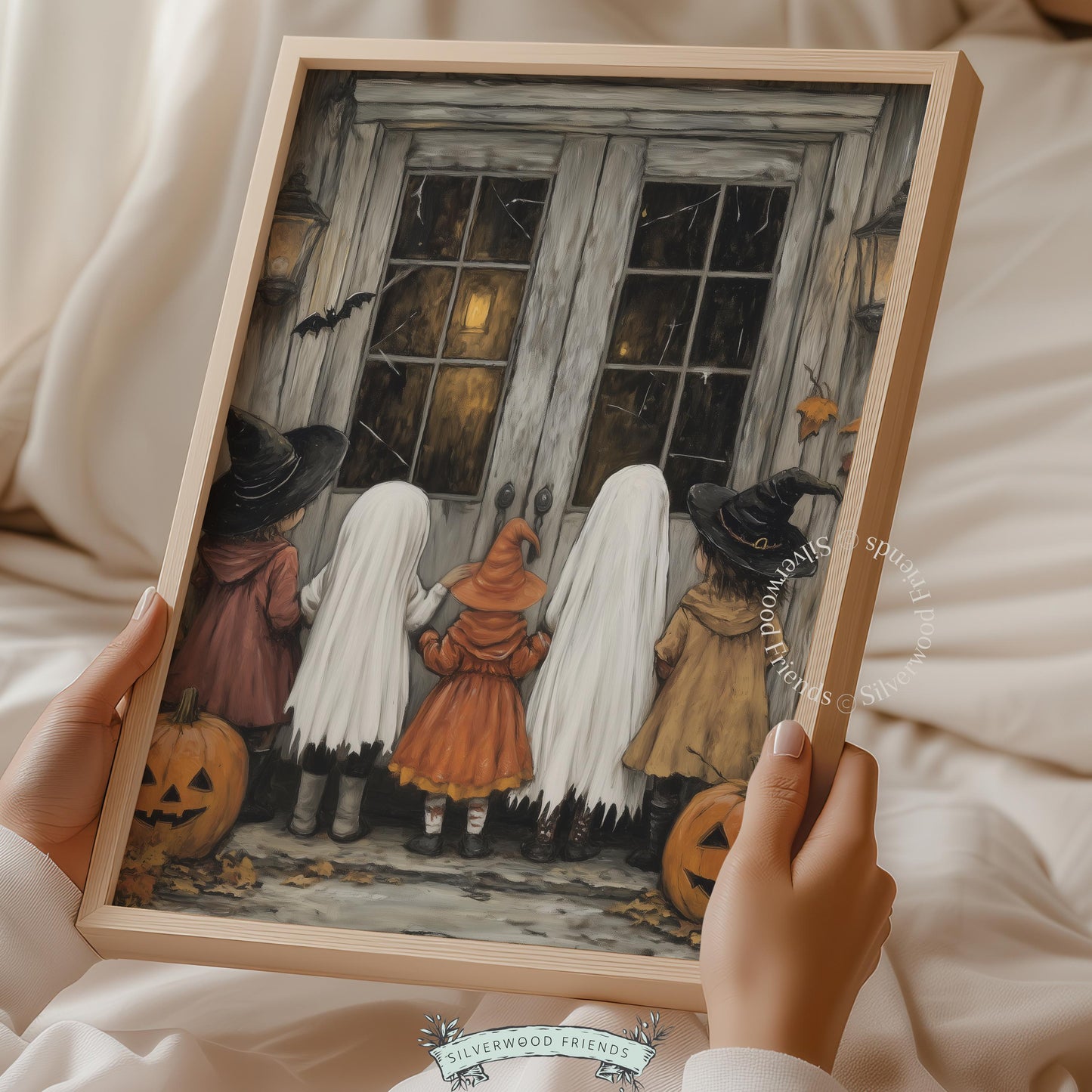 Halloween costume parade digital print for kids' room — nostalgic children's illustration with falling leaves and lantern light
