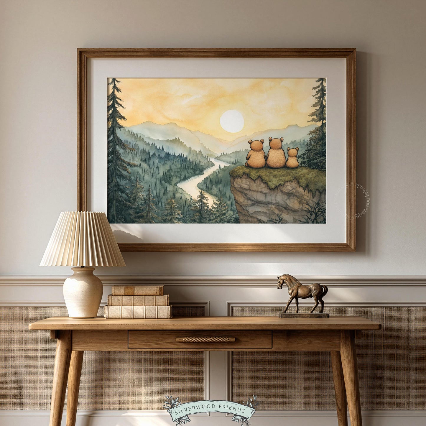 Three bears on cliff printable art for nursery — woodland landscape with mountain sunset and forest river