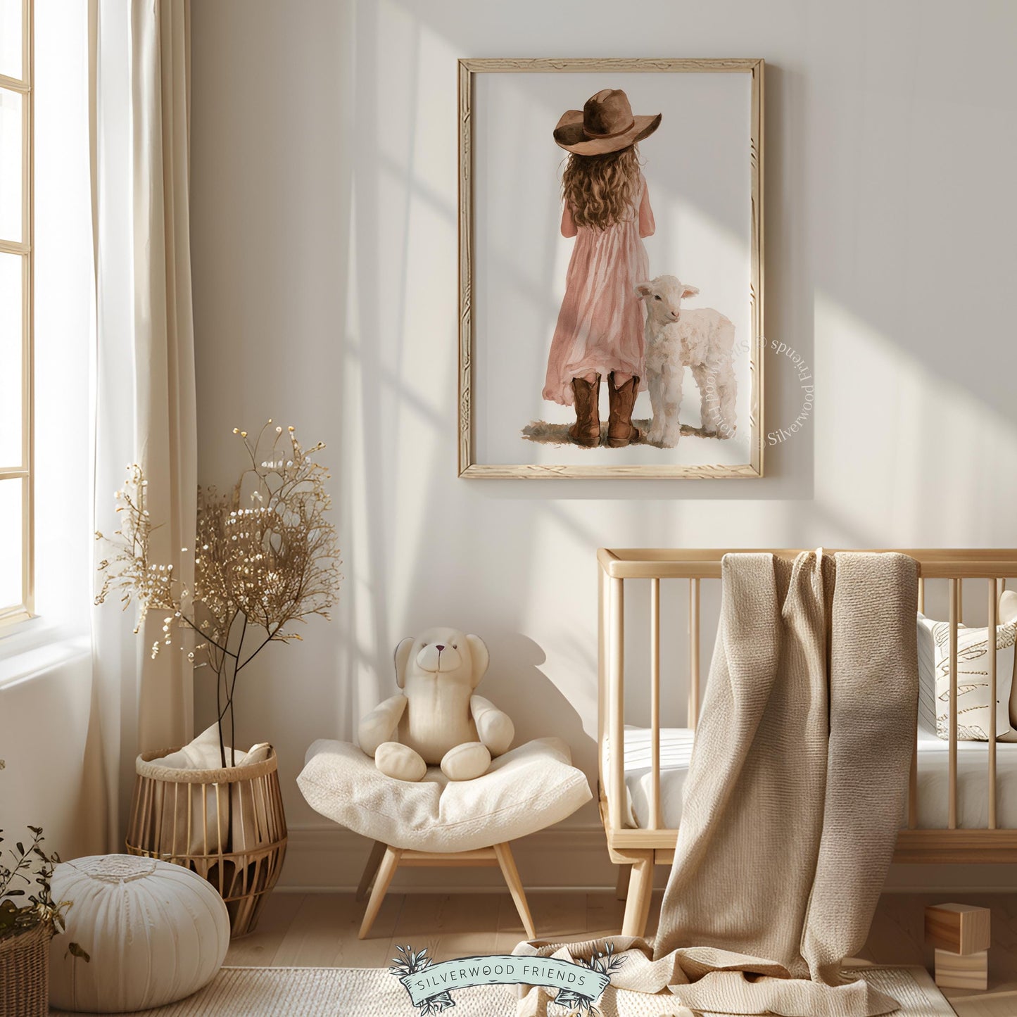 Girl in wide-brim hat with lamb digital art for baby room — sweet farmhouse scene in soft watercolor