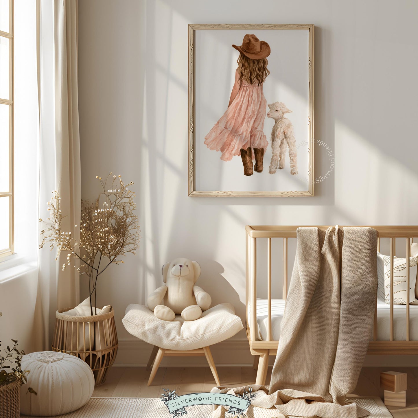 Young girl with lamb printable art for nursery — warm watercolor farmhouse style in soft pink and brown tones