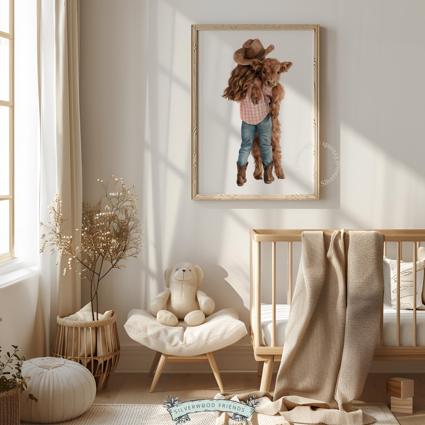Child cuddling Highland baby cow wall picture for bedroom — endearing farmhouse illustration with gentle rural charm