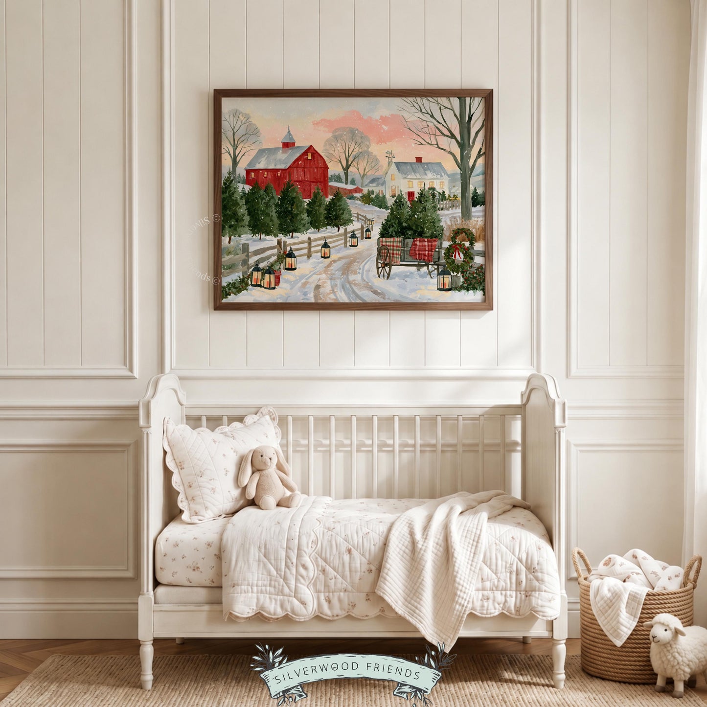 Winter landscape printable art featuring evergreen orchard and vintage red wagon with wreath