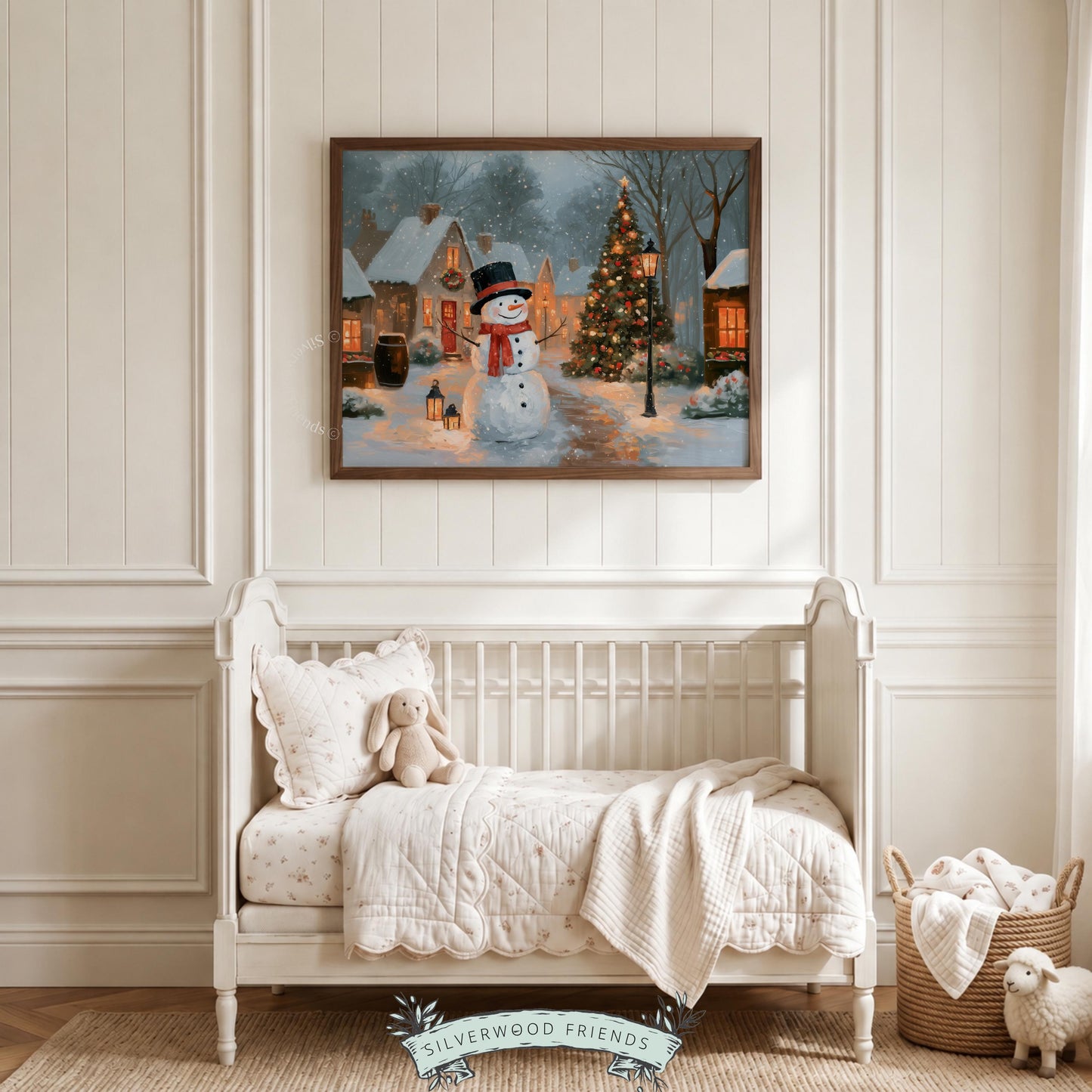 Holiday snowman digital print for family room — vintage-style winter landscape with decorated tree and nostalgic holiday mood