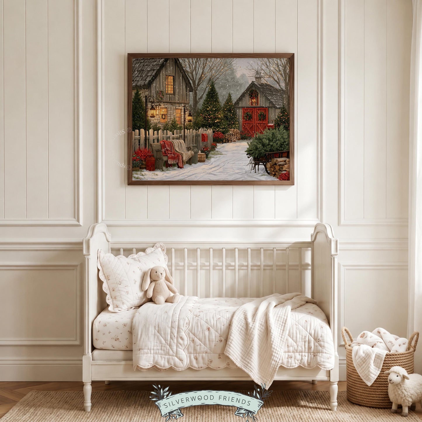 Holiday sleigh artwork featuring rustic farm setting, red barn accent, and snow-laden winter landscape