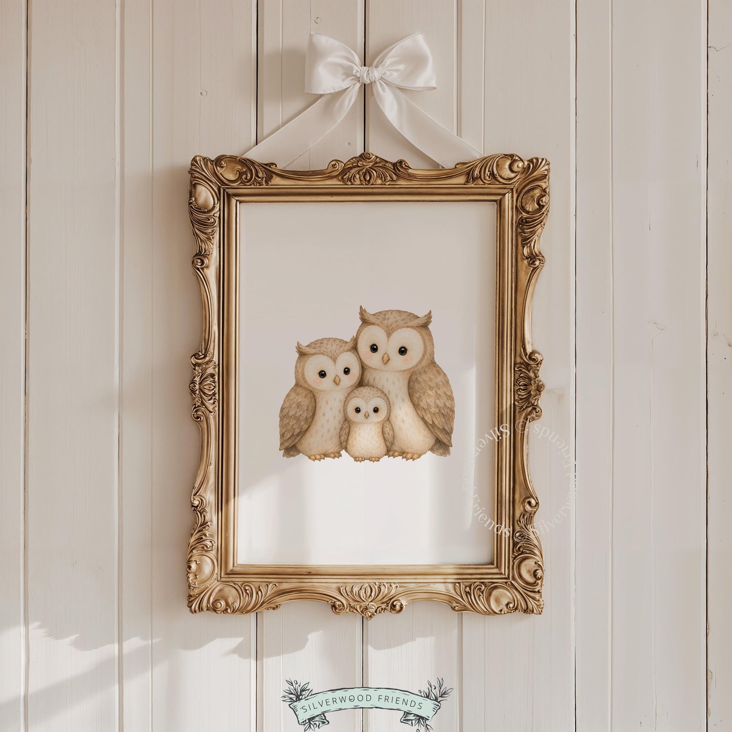Forest bird family picture printable for kids — adorable owl trio in gentle watercolor style for neutral spaces