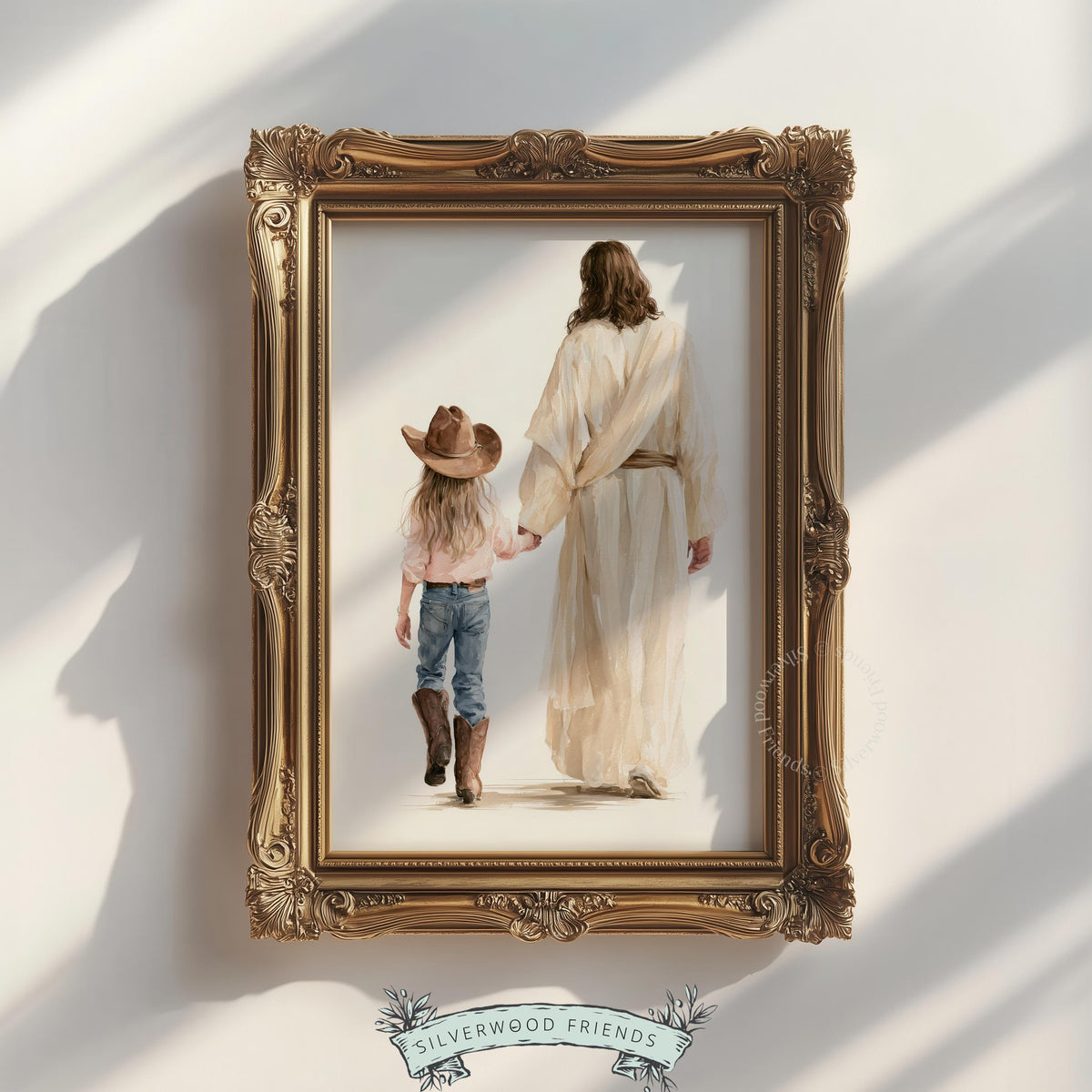 Cowgirl child with robed figure from behind wall art — serene faith-based picture for bedroom gallery