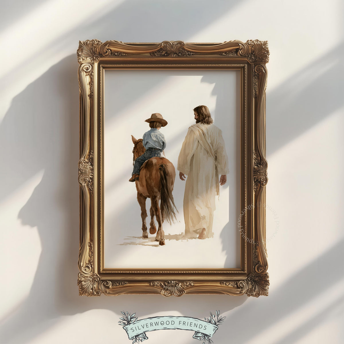 Robed mentor with young cowboy poster for Christian kids' room — tender watercolor with peaceful countryside feel
