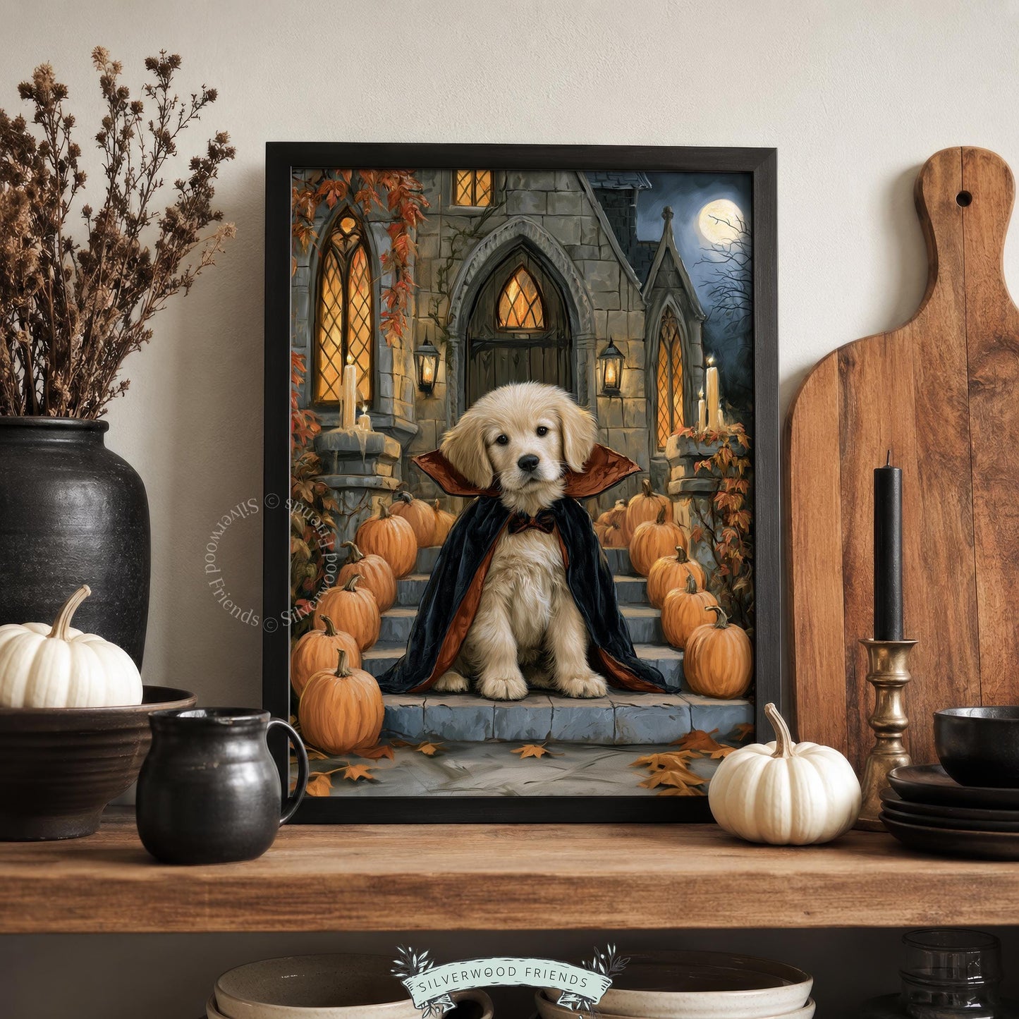Witchy puppy poster for den — warm painterly illustration with autumn leaves and stone steps