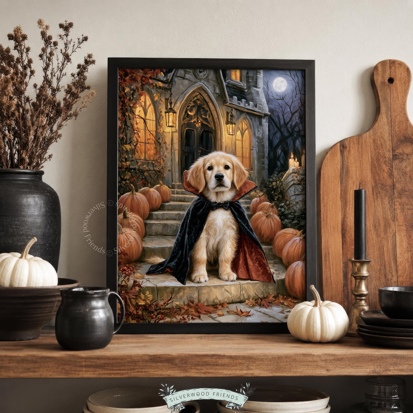Golden retriever puppy in vampire cape printable art for Halloween — spooky moody dog portrait with pumpkins and gothic castle vibes
