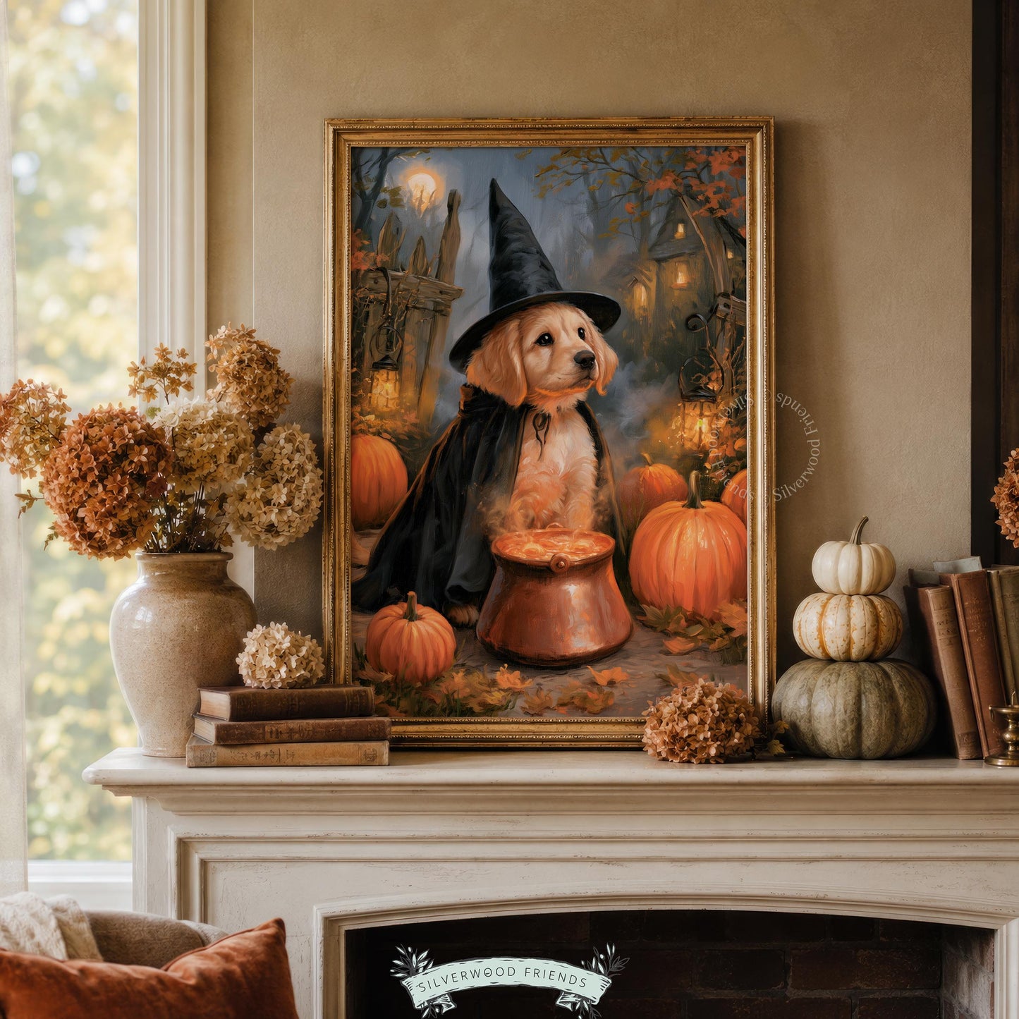Creepy-cute retriever digital art — Halloween pup stirring magical cauldron with pumpkin patch backdrop