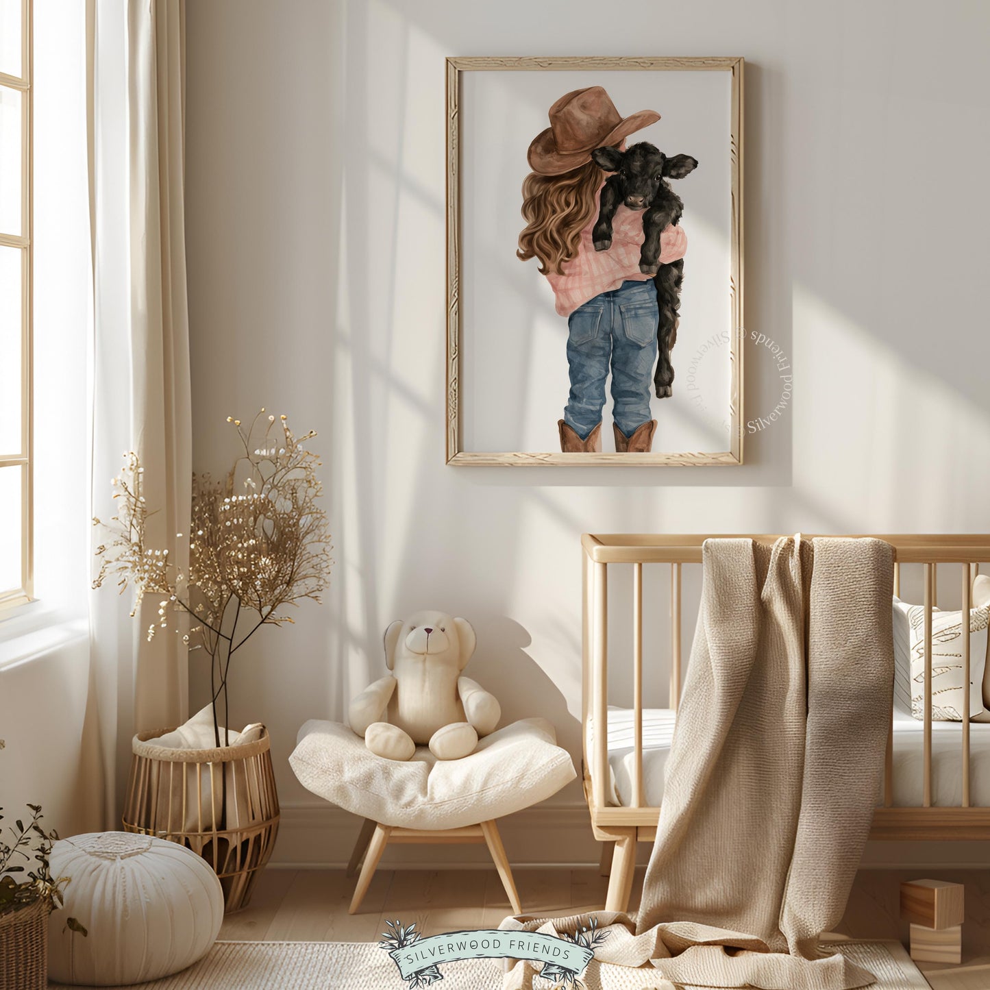 Young rancher with calf gallery wall art for kids bedroom — heartwarming pastoral digital artwork