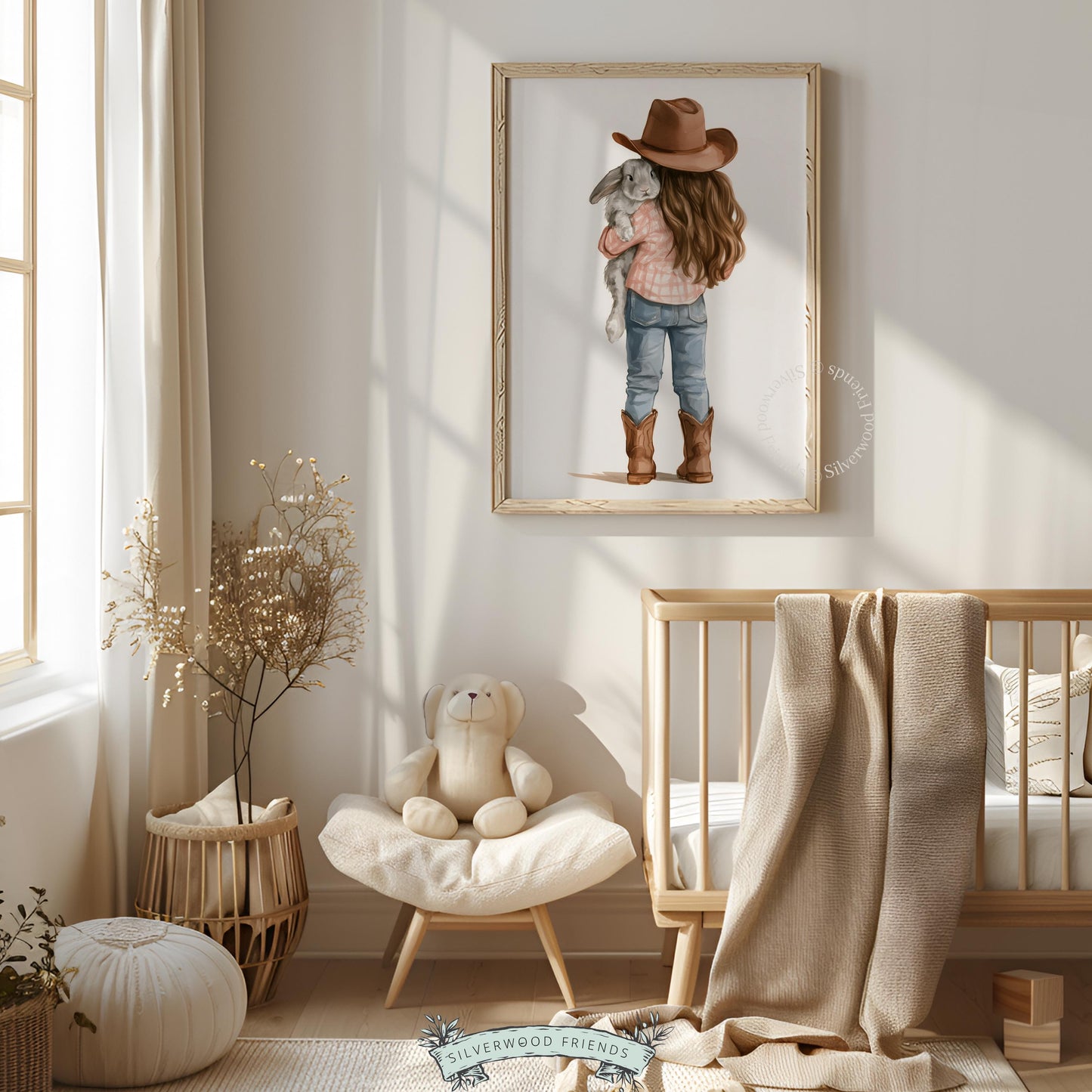 Young cowgirl with bunny digital print for kids room — sweet storybook illustration with rustic western theme