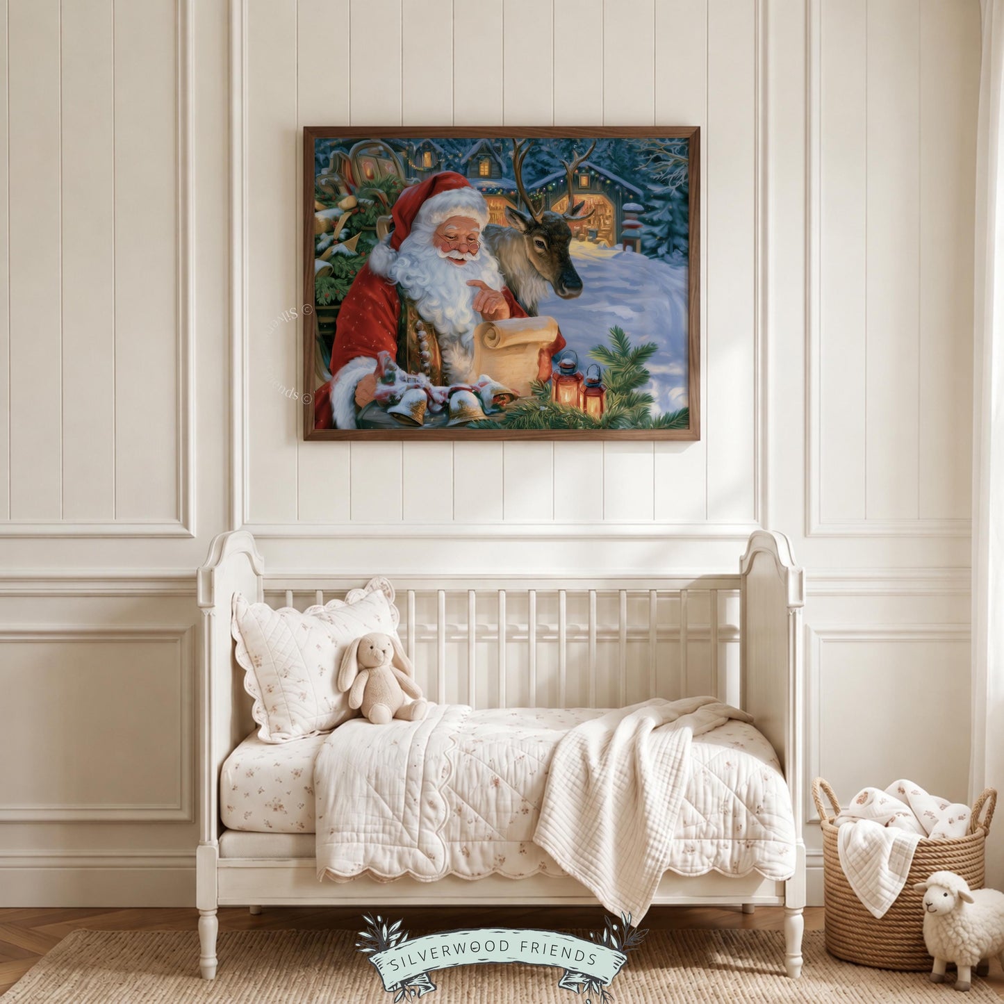 Traditional holiday poster art for entryway — Father Christmas with scroll, reindeer, and golden warm tones